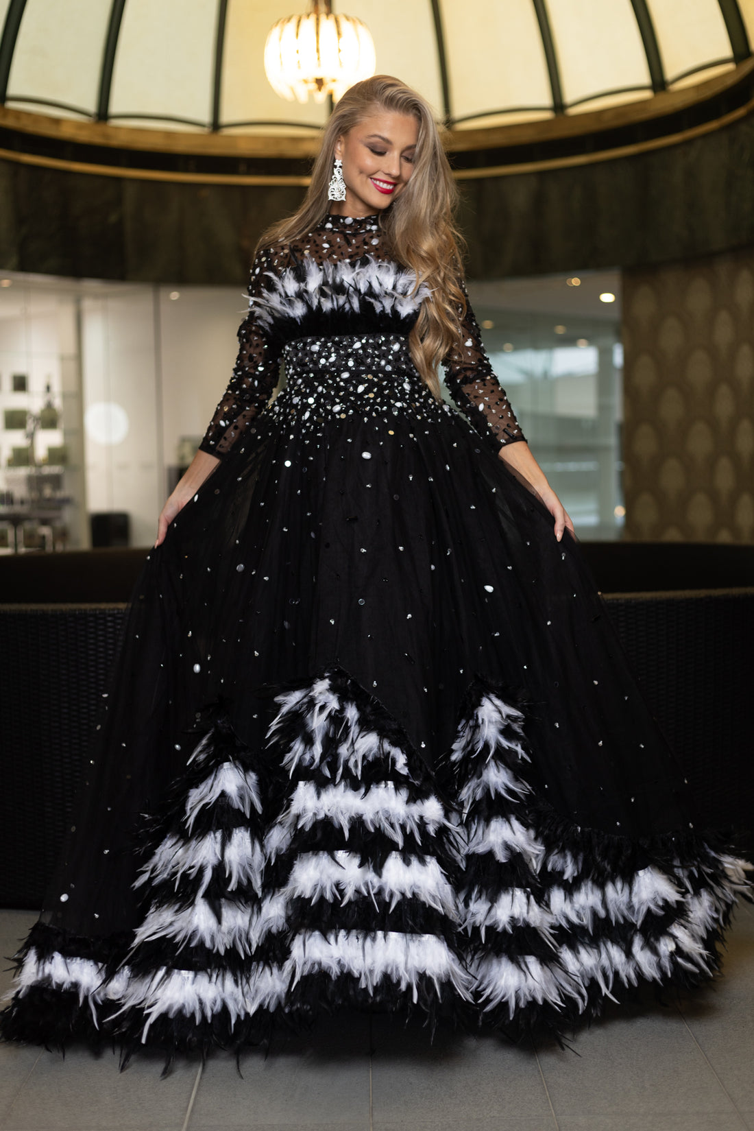 Black and White Feather Tulle Gown