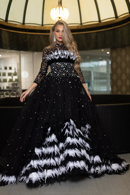 Black and White Feather Tulle Gown