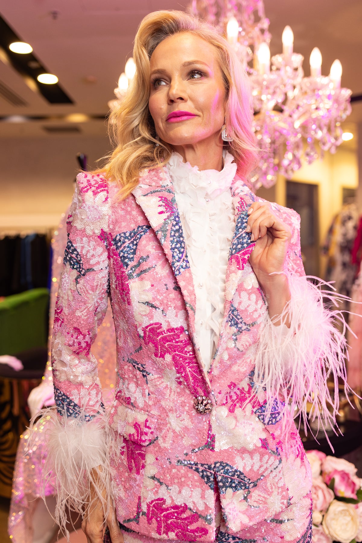 Pink Floral Sequin Jacket with Feather Cuff