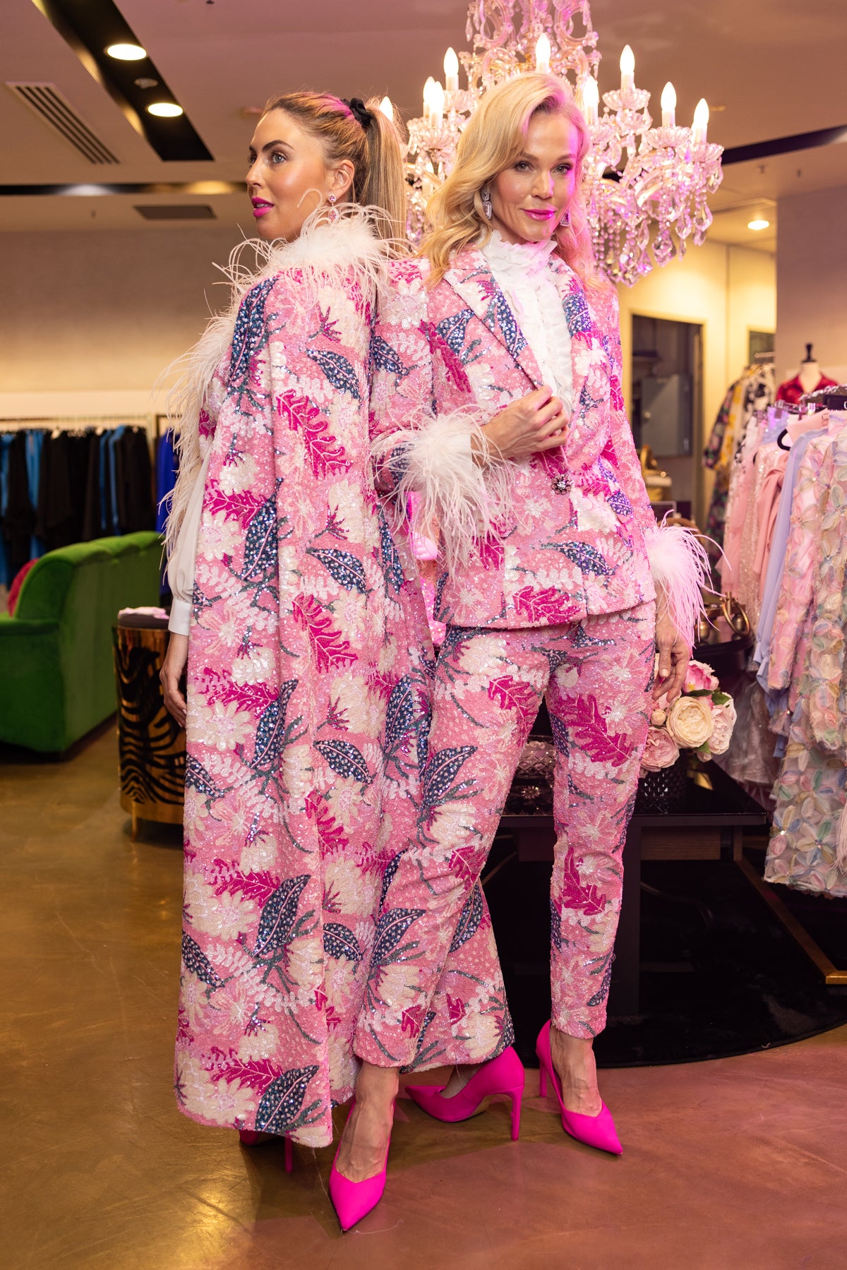 Pink Floral Sequin Jacket with Feather Cuff