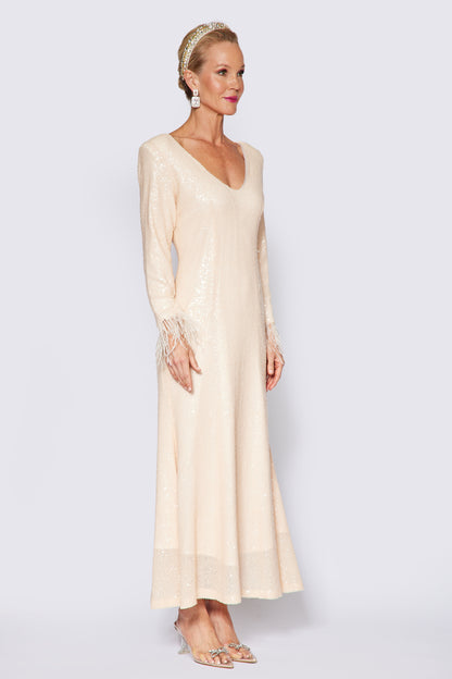 Cream Sequin Gown With Feather Sleeve Dress
