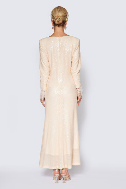 Cream Sequin Gown With Feather Sleeve Dress