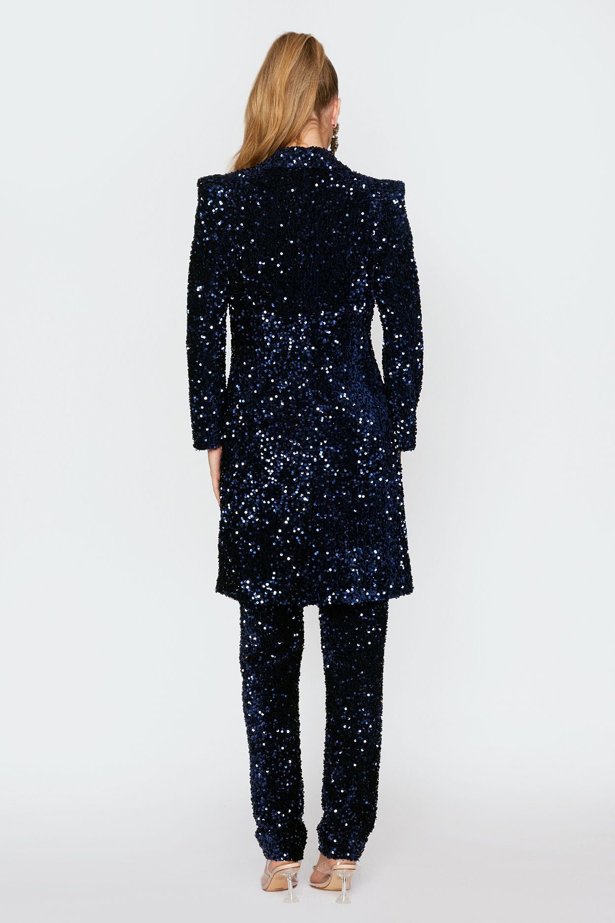 Navy Velvet Sequin Longline Coat