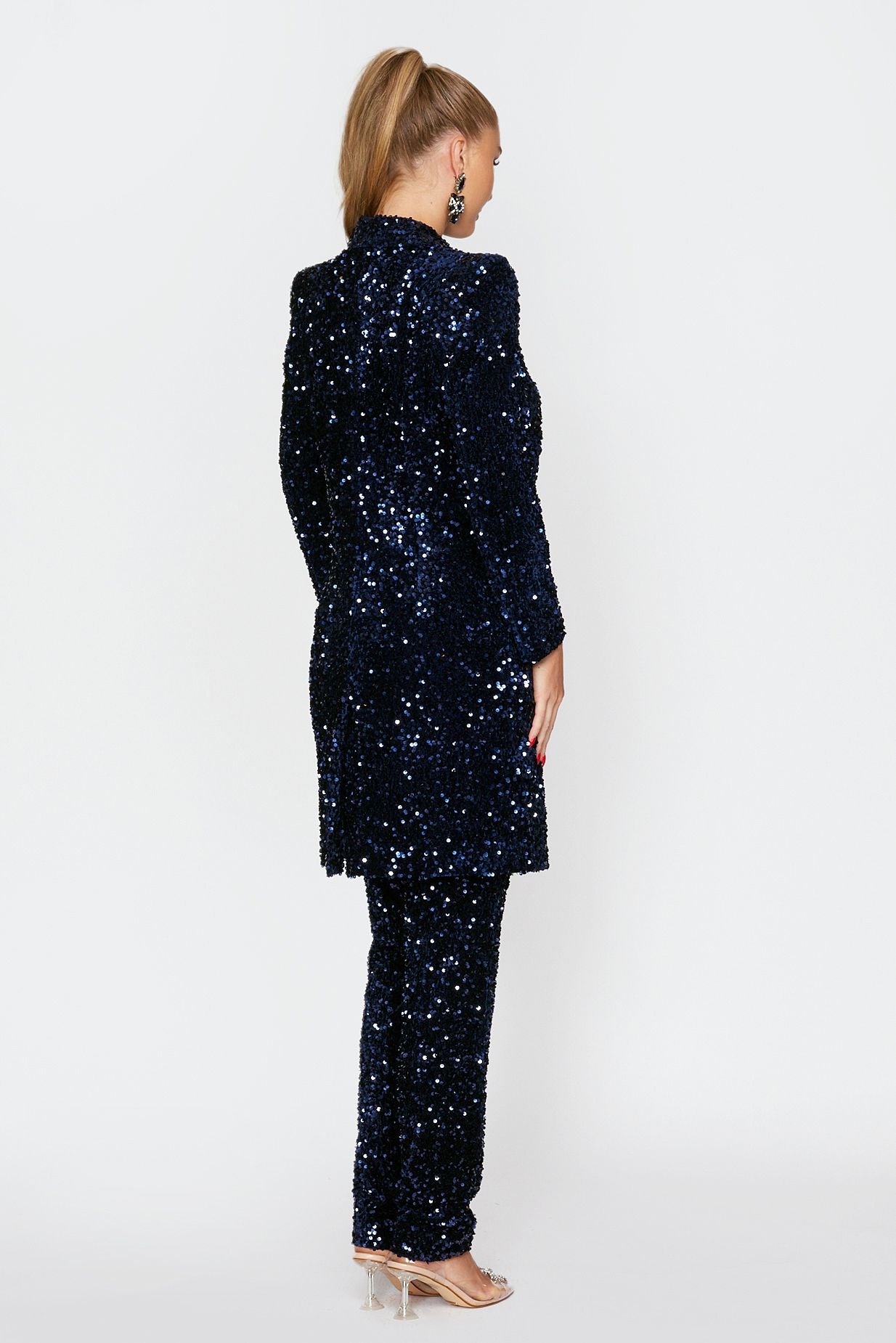 Navy Velvet Sequin Longline Coat