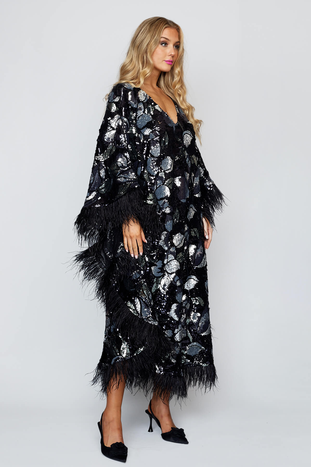 Sequin Feather Kaftan Dress
