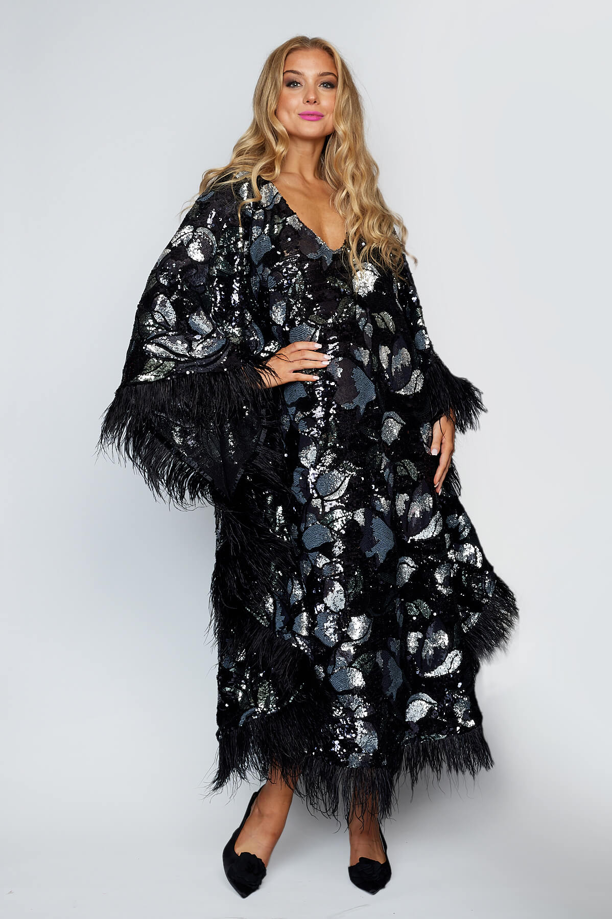 Sequin Feather Kaftan Dress