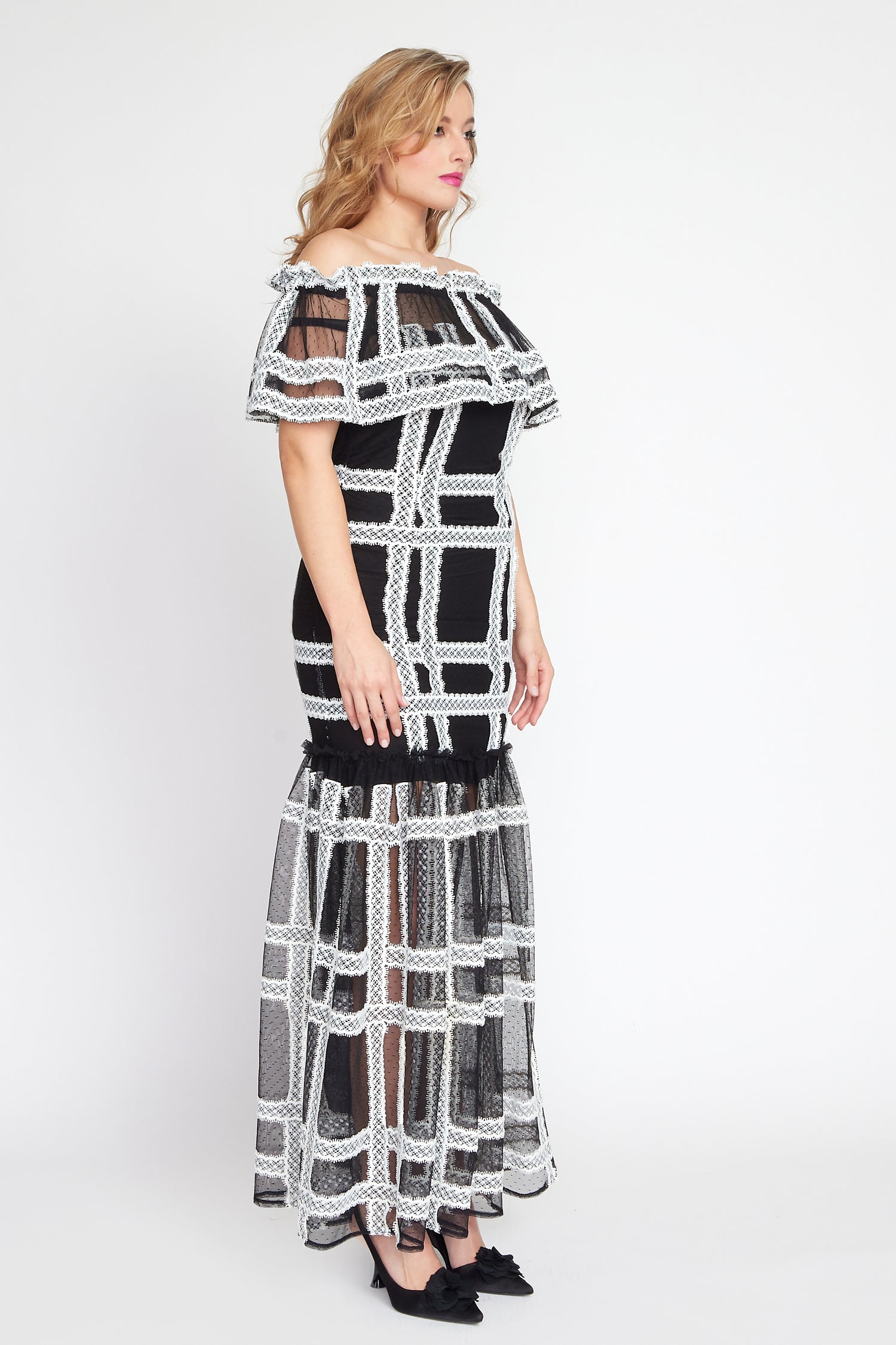 Black and Cream Off Shoulder Salsa Dress