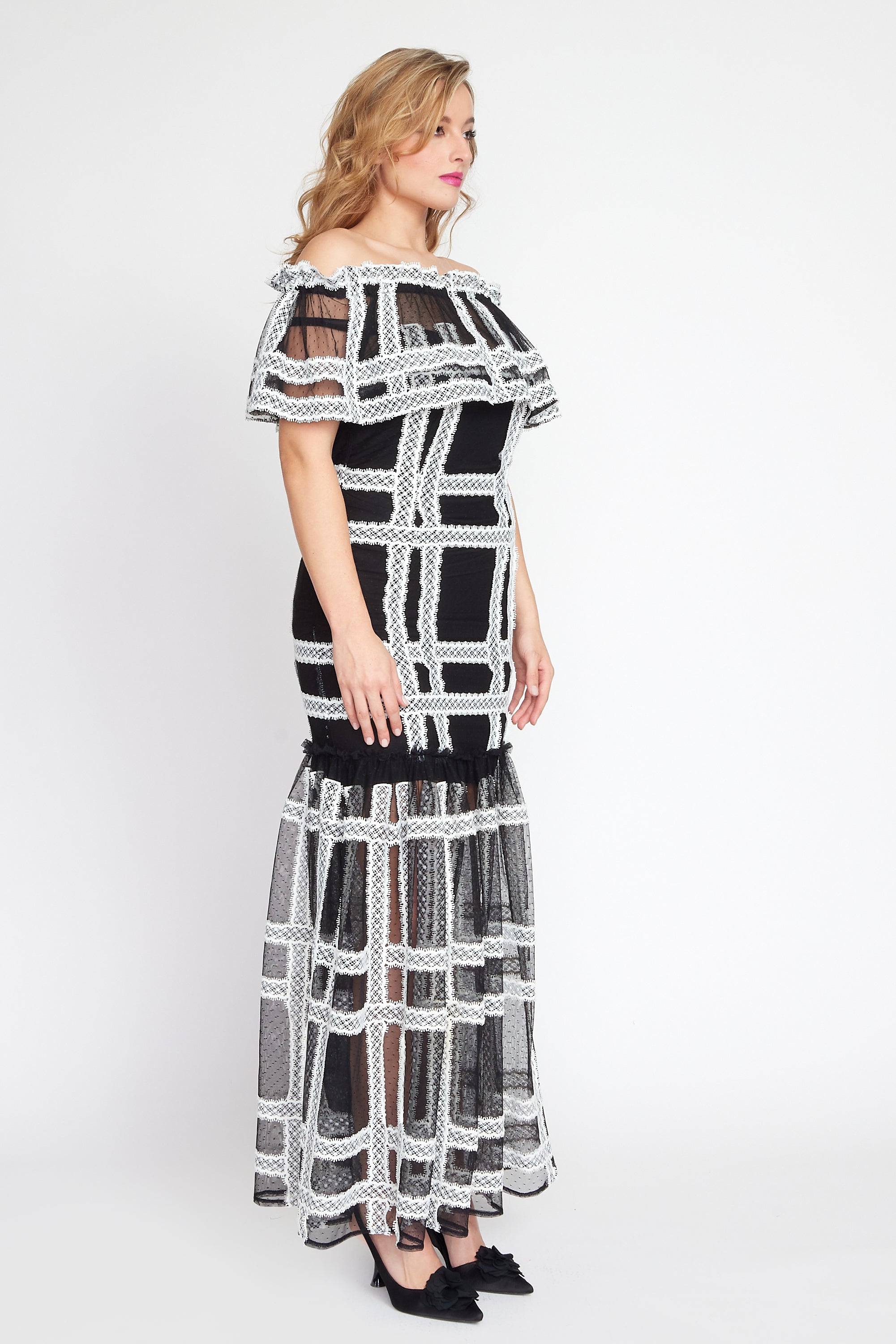 Black and Cream Off Shoulder Salsa Dress