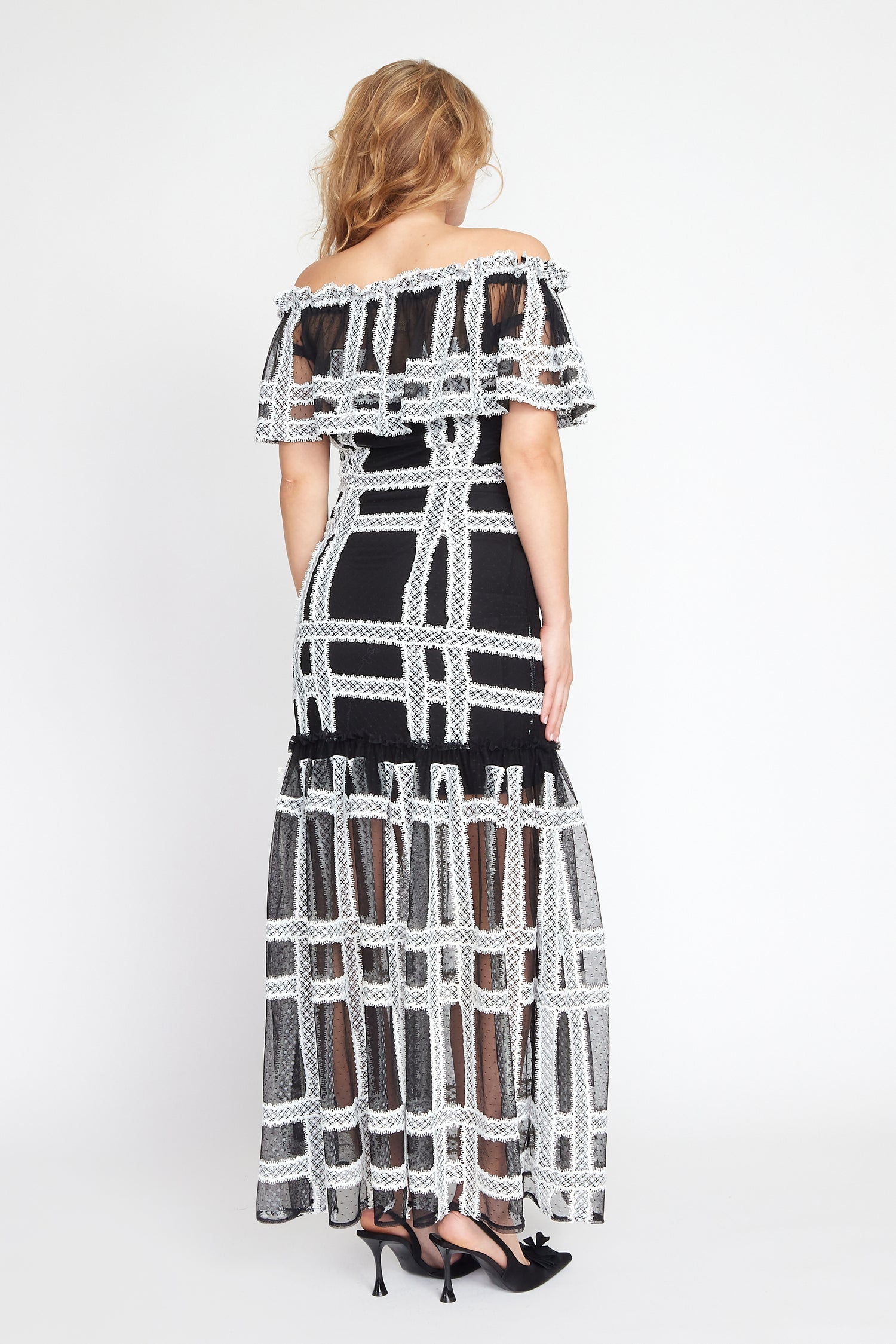 Black and Cream Off Shoulder Salsa Dress