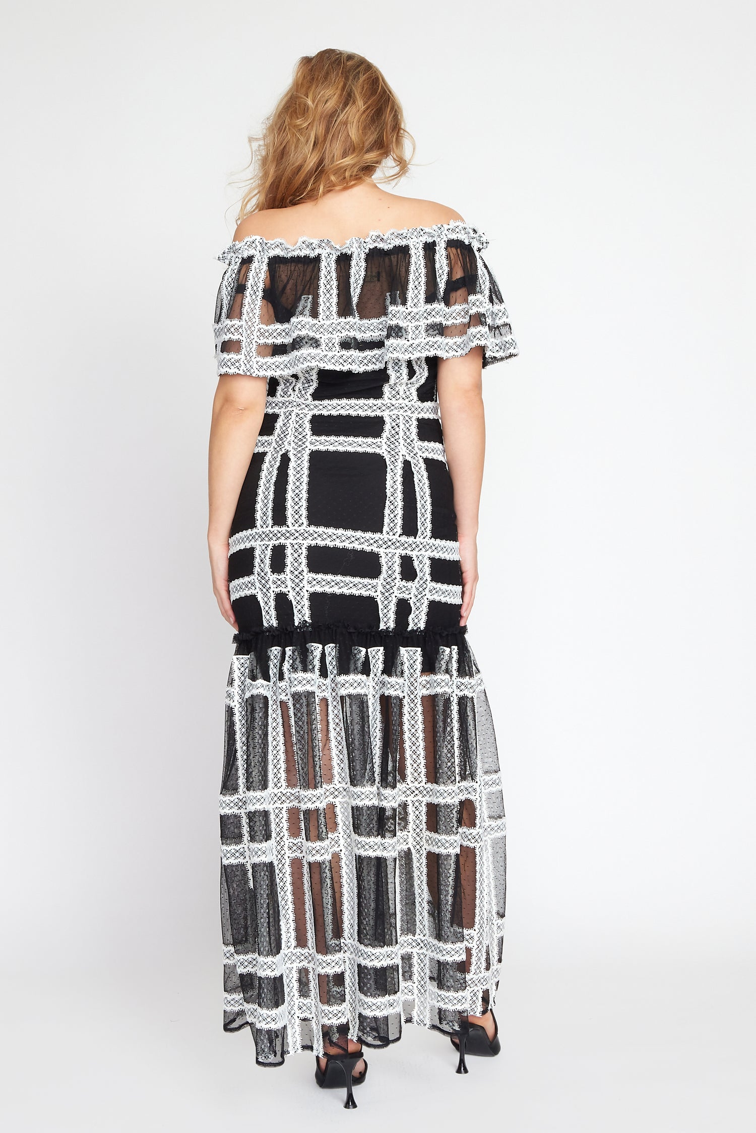 Black and Cream Off Shoulder Salsa Dress