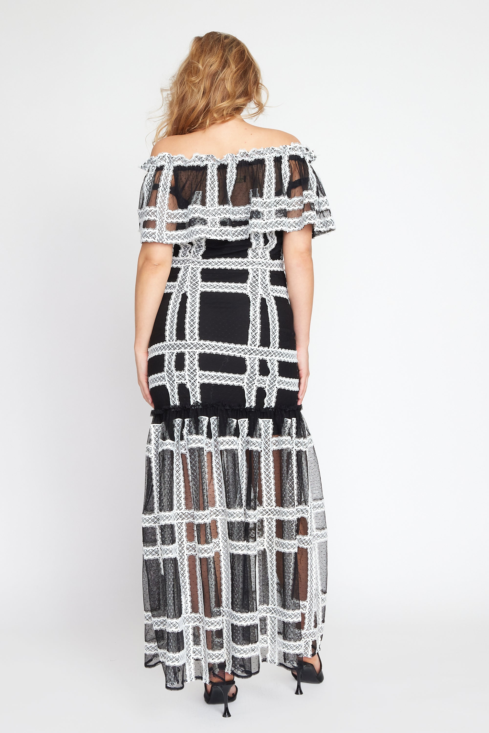 Black and Cream Off Shoulder Salsa Dress