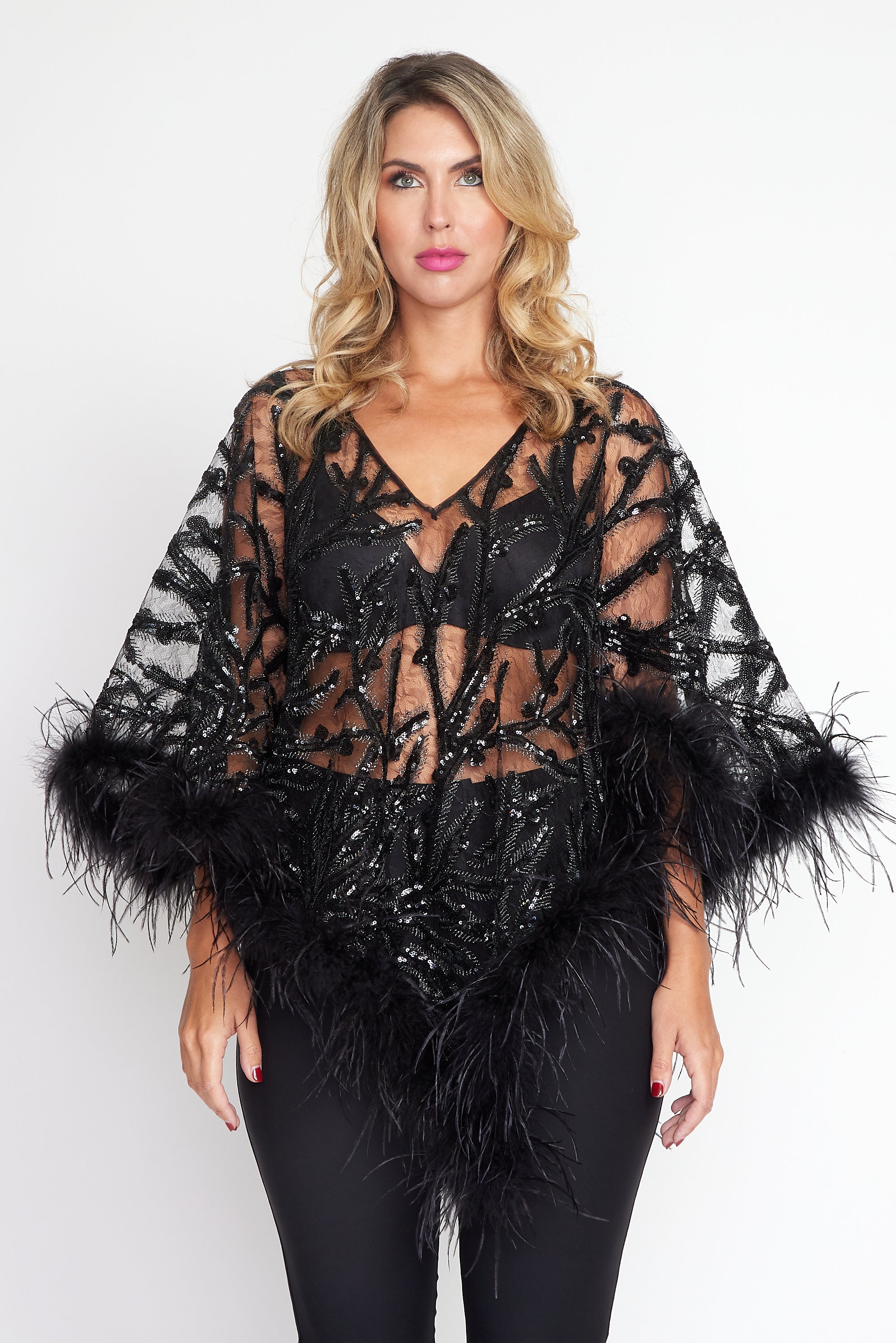 Black Sequin Angel Feather Poncho