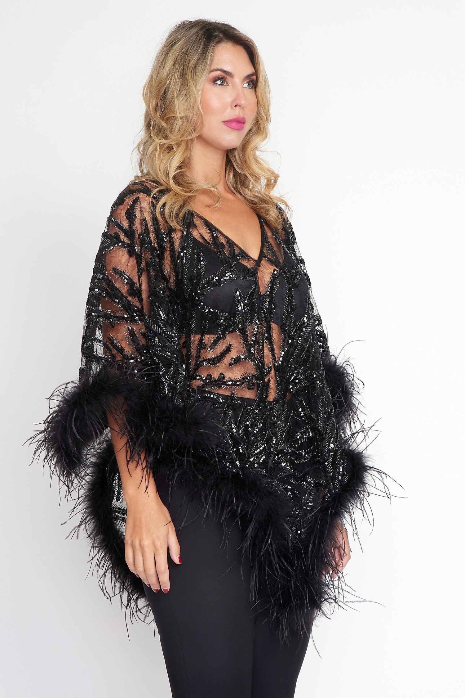 Black Sequin Angel Feather Poncho
