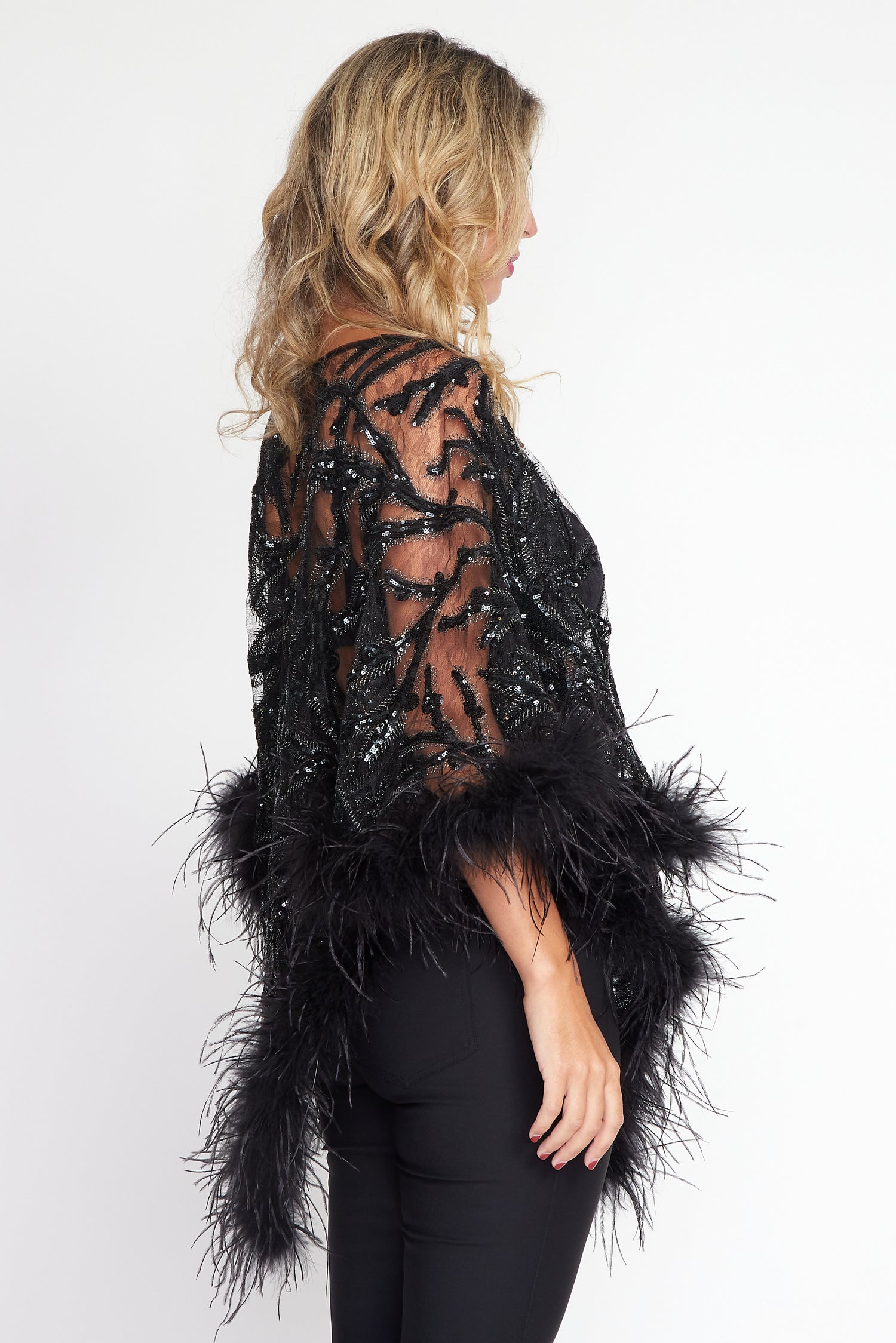 Black Sequin Angel Feather Poncho