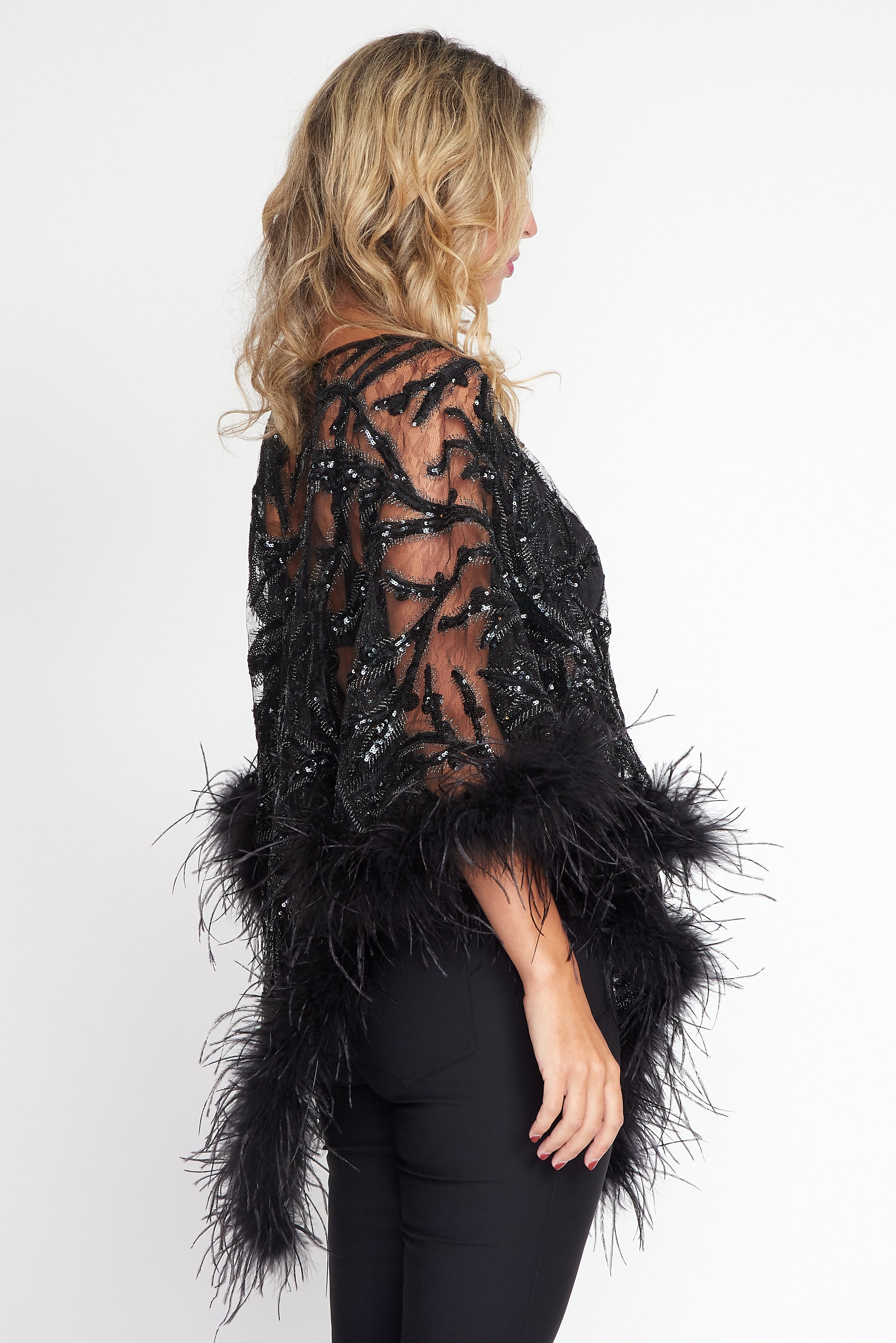 Black Sequin Angel Feather Poncho