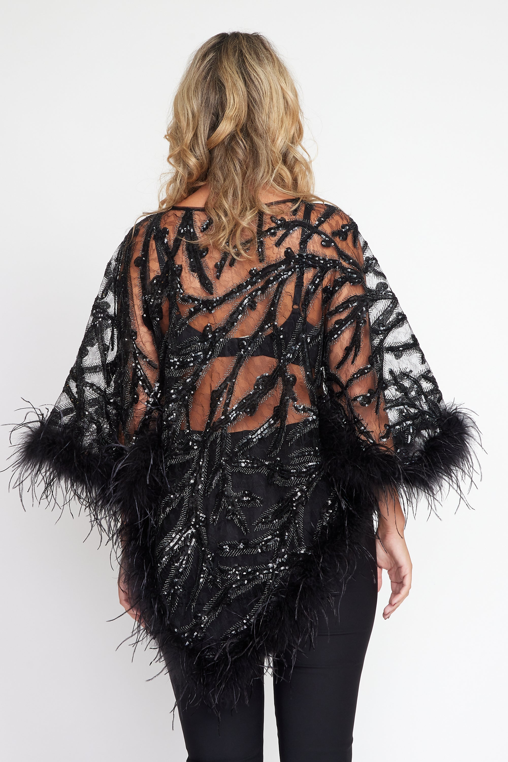 Black Sequin Angel Feather Poncho