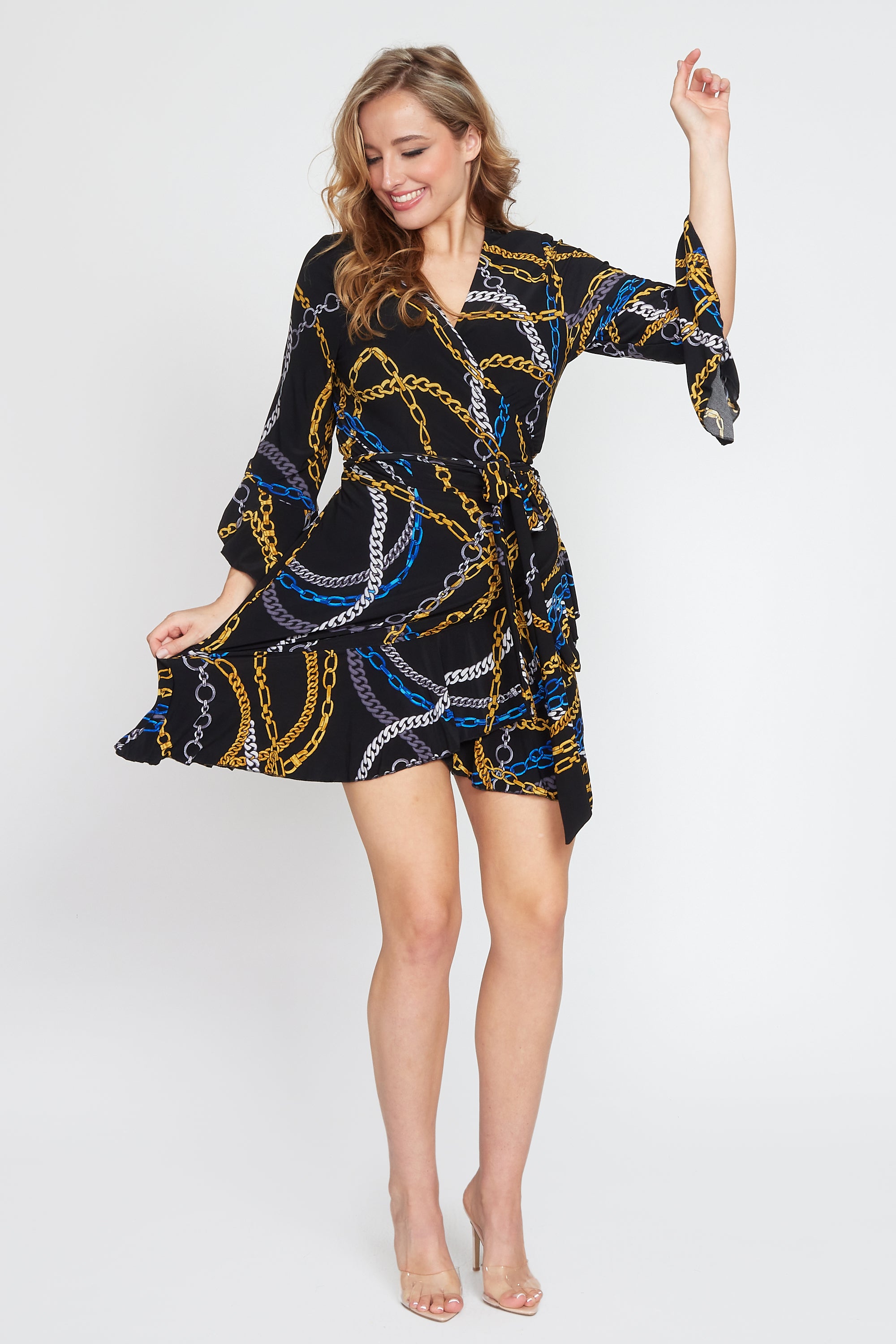 Black Jersey Chain Print Wrap Dress (Short)