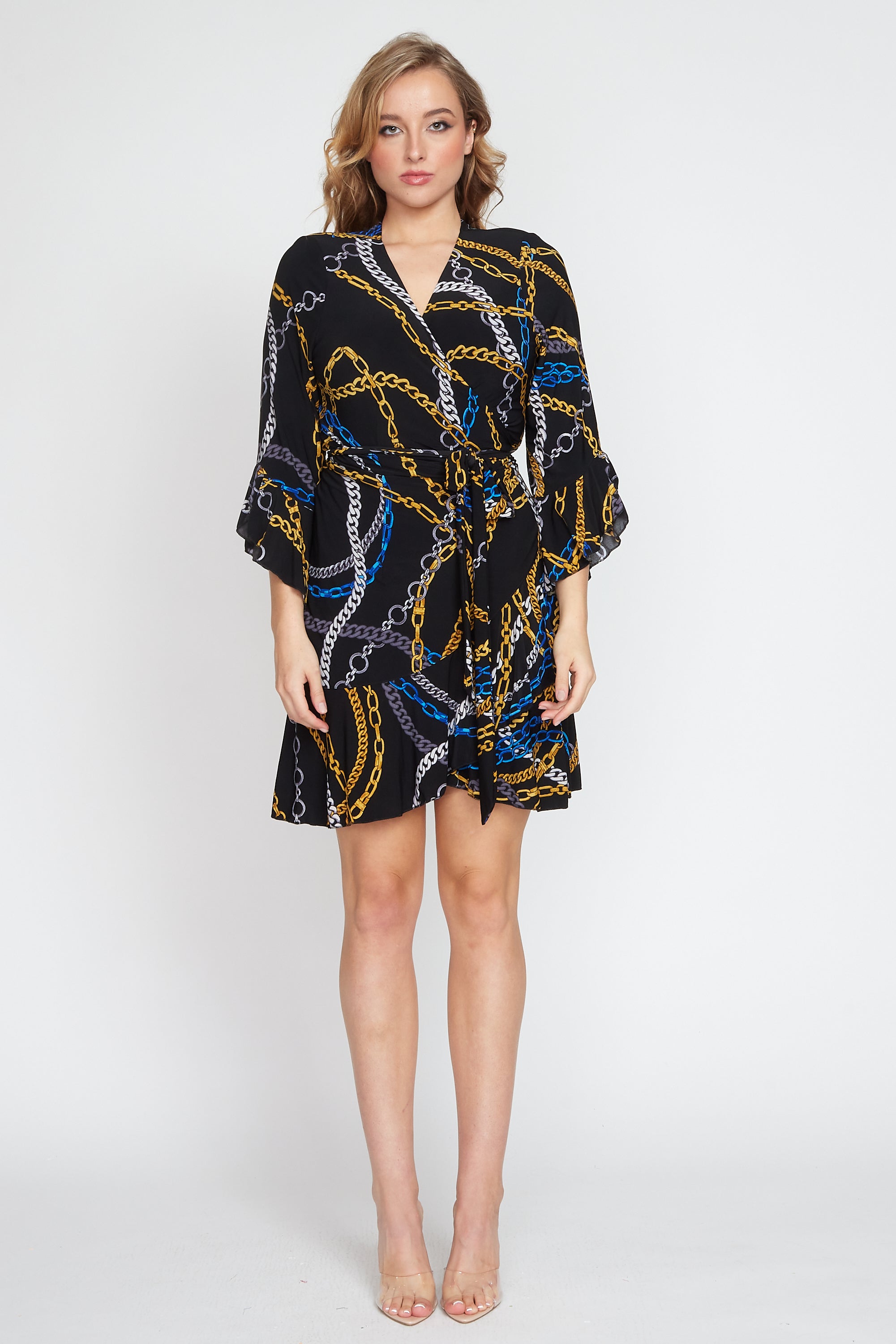 Black Jersey Chain Print Wrap Dress (Short)