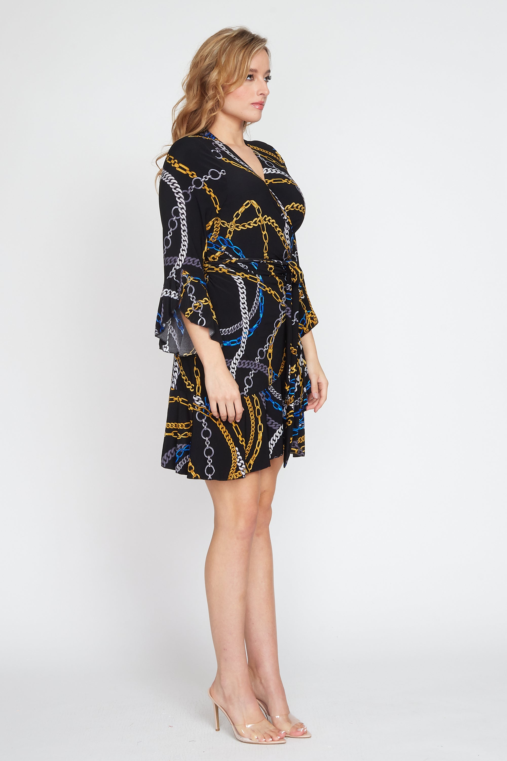 Black Jersey Chain Print Wrap Dress (Short)