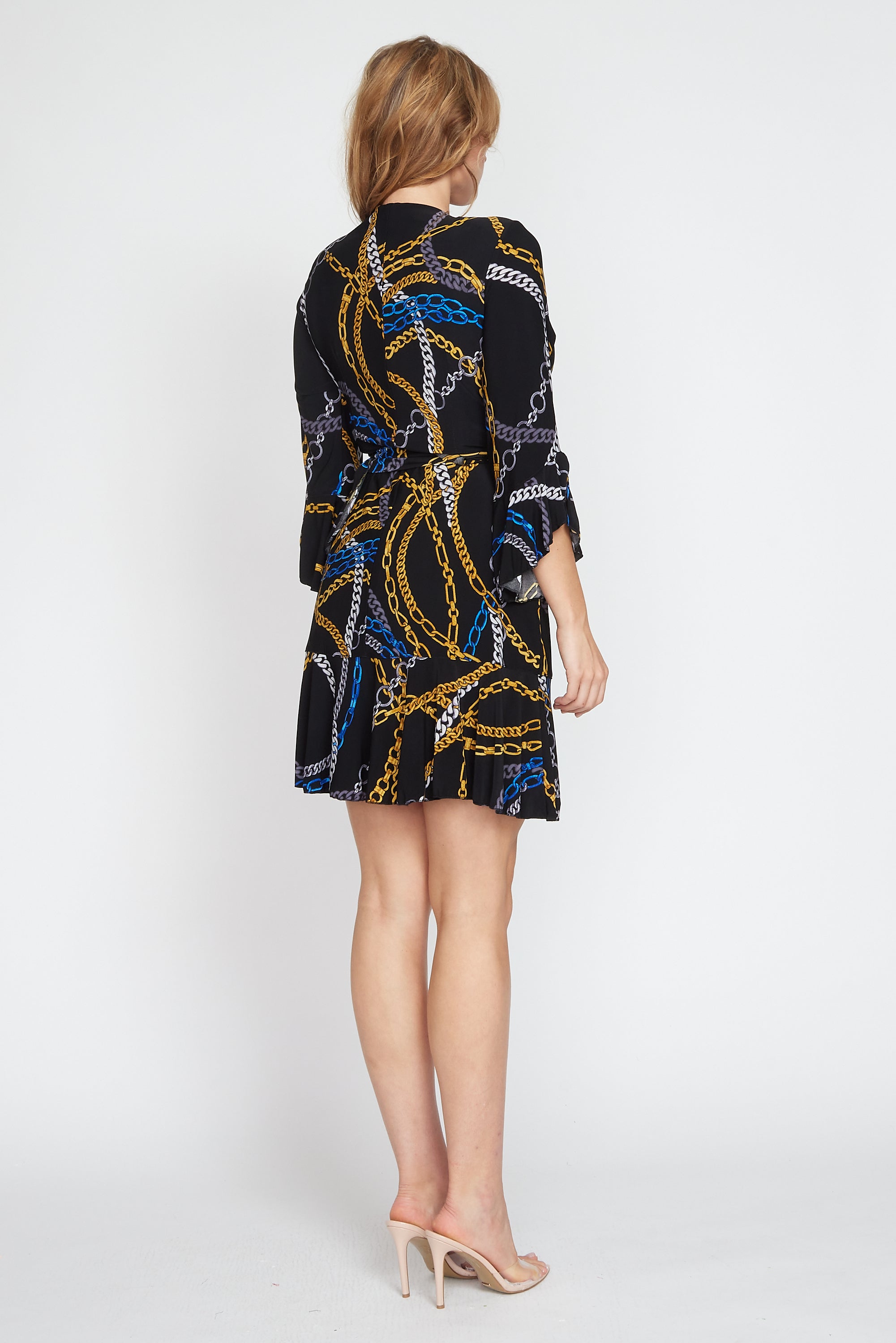 Black Jersey Chain Print Wrap Dress (Short)