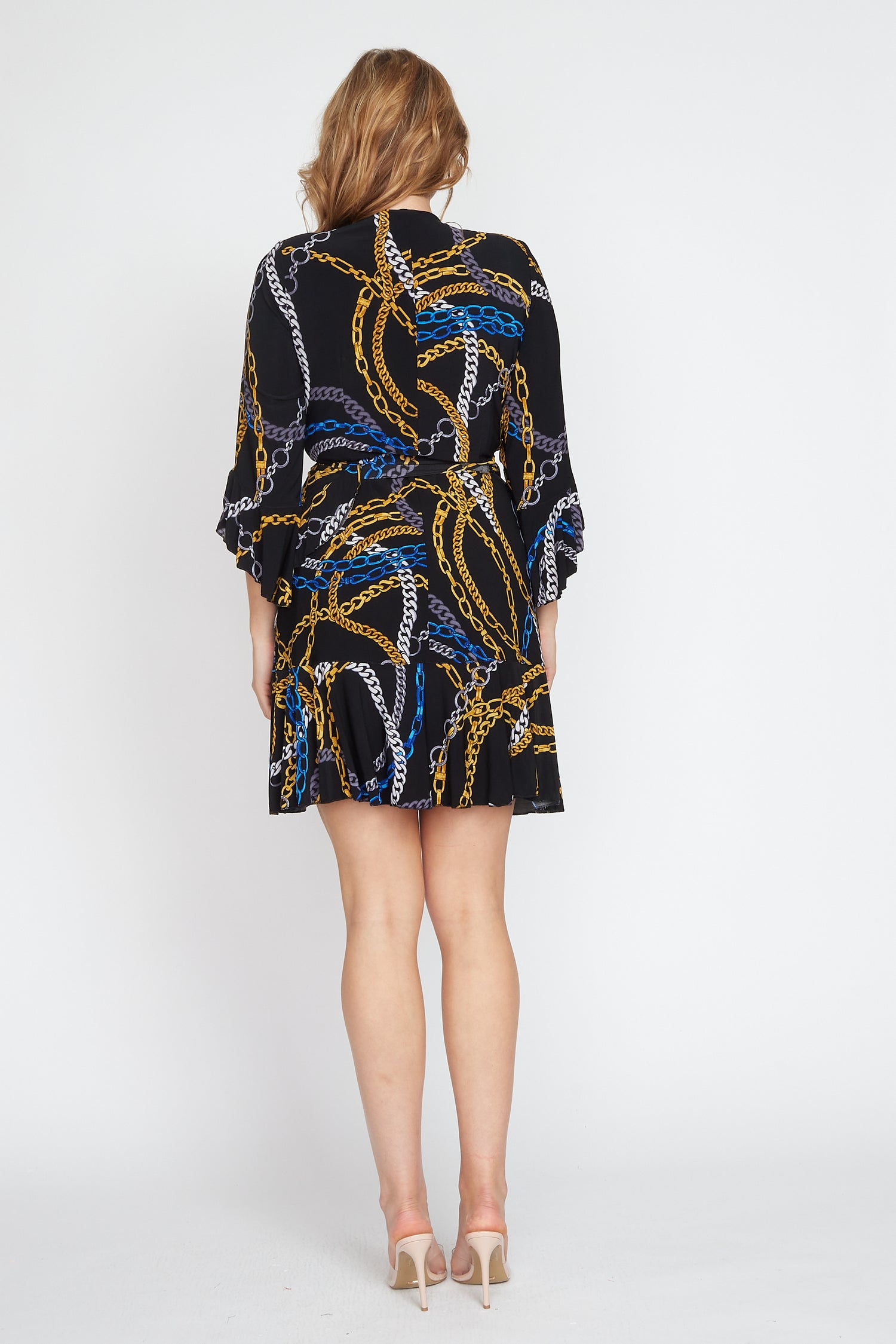 Black Jersey Chain Print Wrap Dress (Short)