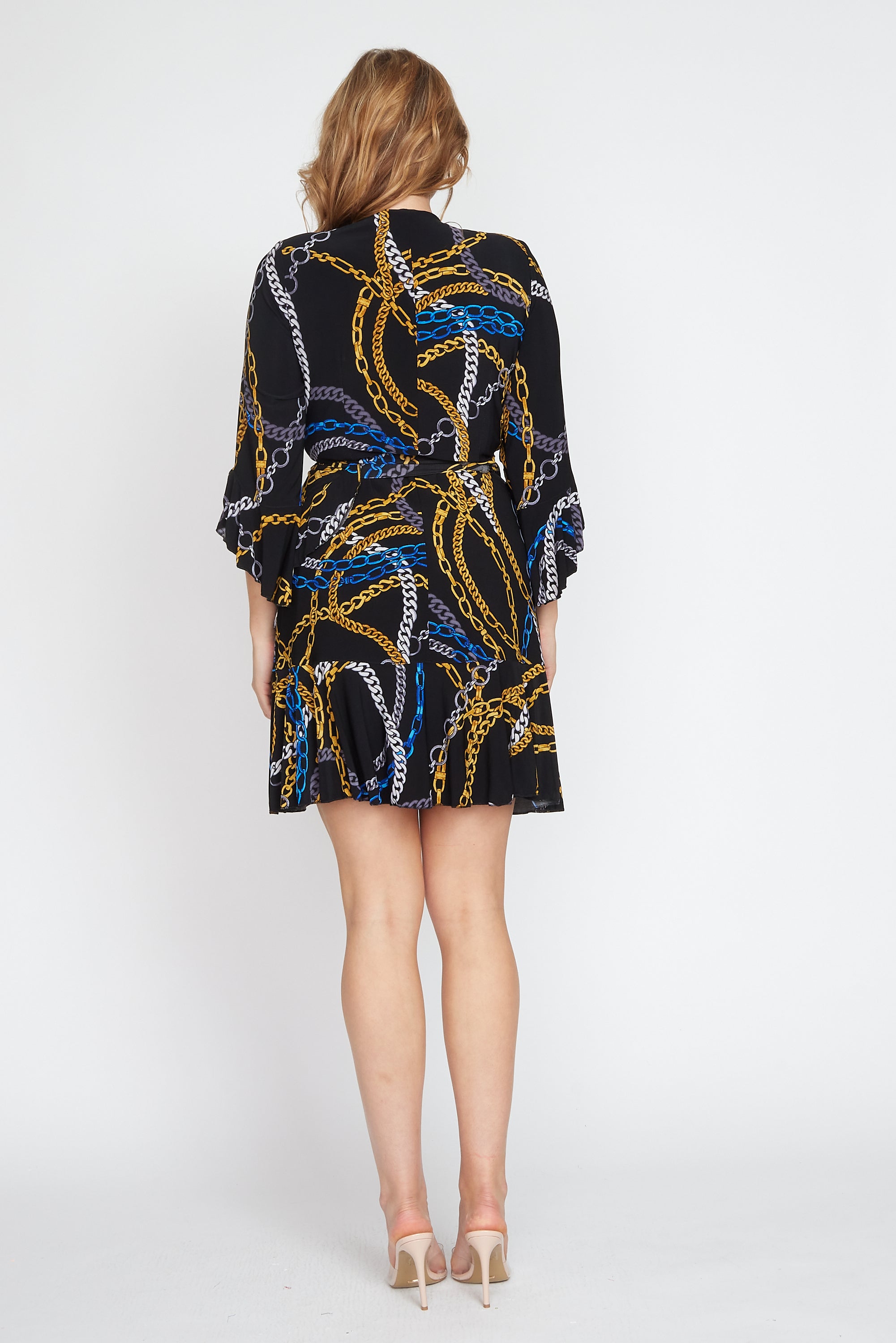 Black Jersey Chain Print Wrap Dress (Short)