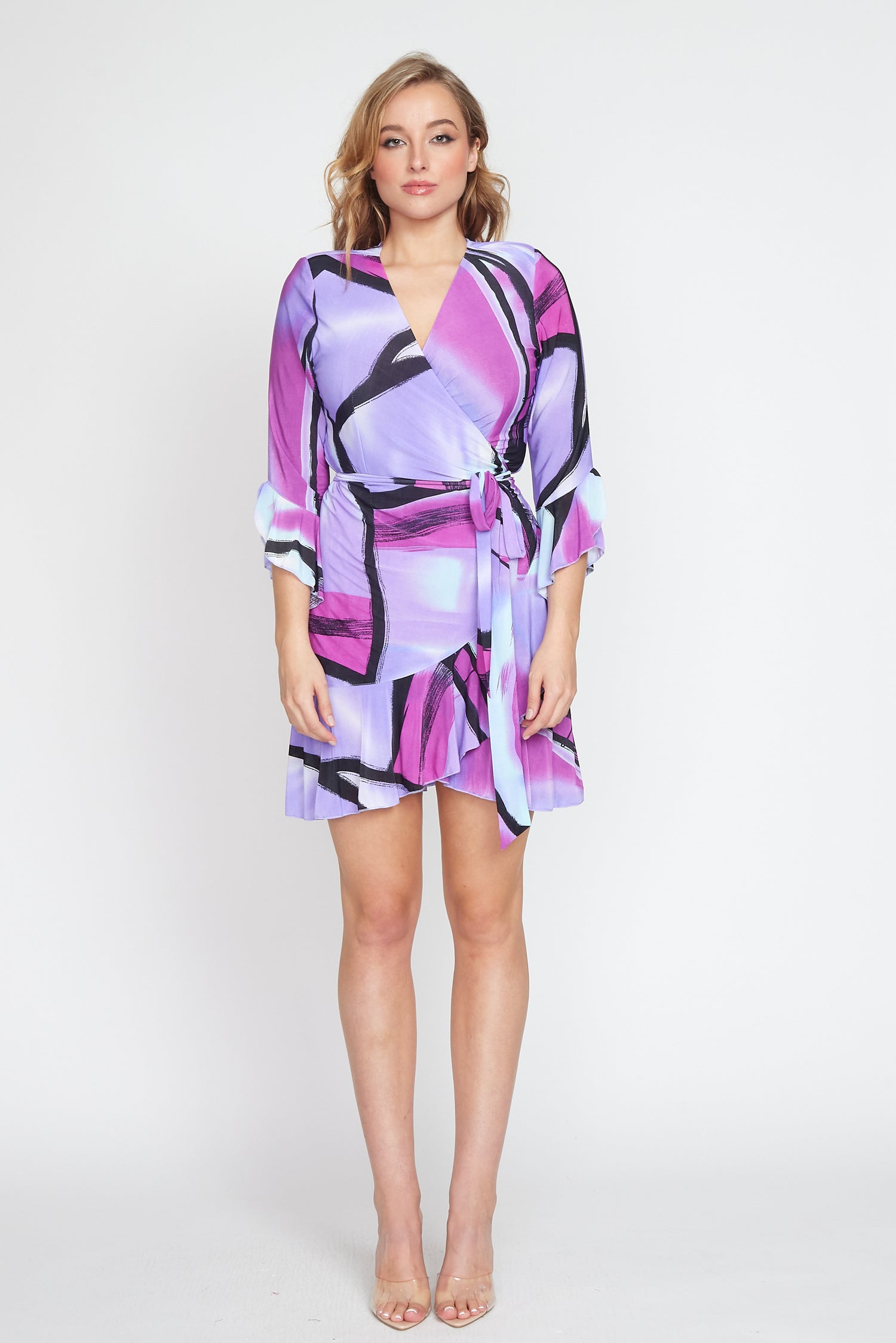 Purple Jersey Multi Print Wrap Dress (Short)