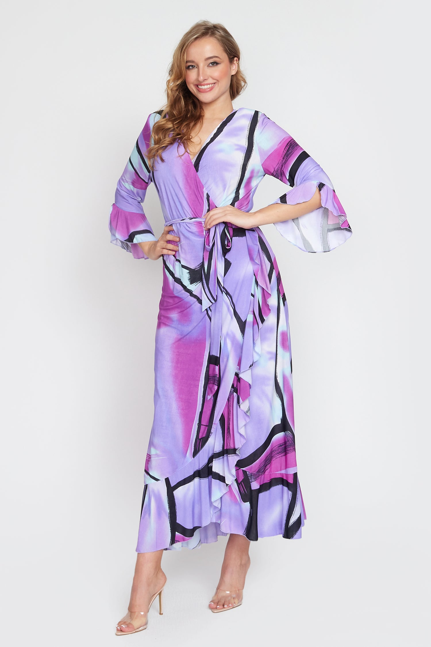 Purple Jersey Multi Print Wrap Dress