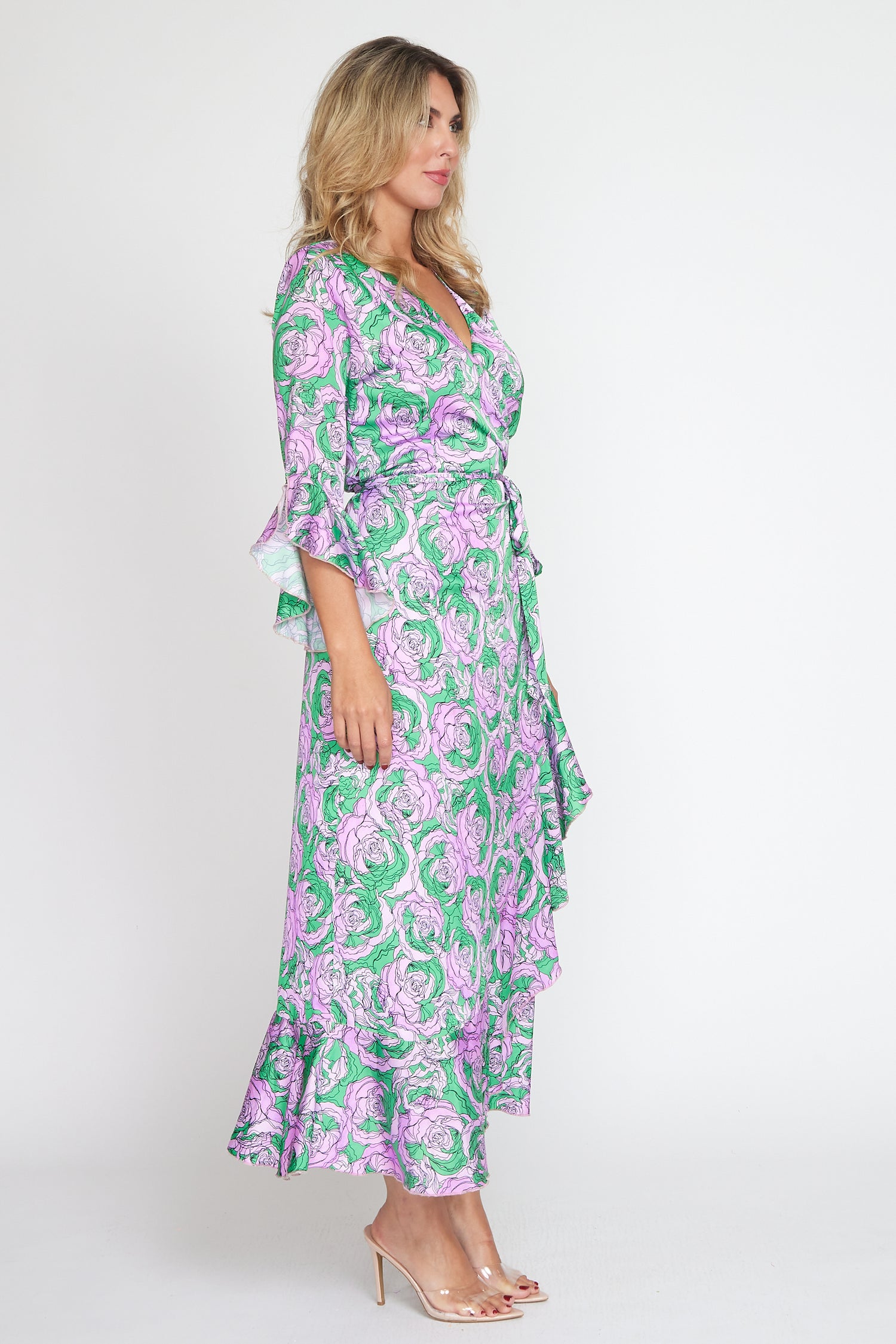 Purple/Green Jersey Print Wrap Dress