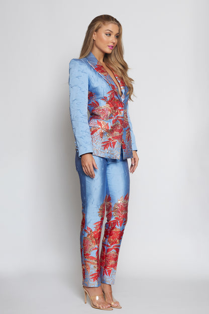 Sky Blue, Red and Gold Brocade Suit