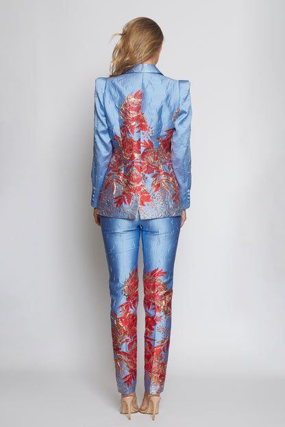 Sky Blue, Red and Gold Brocade Suit