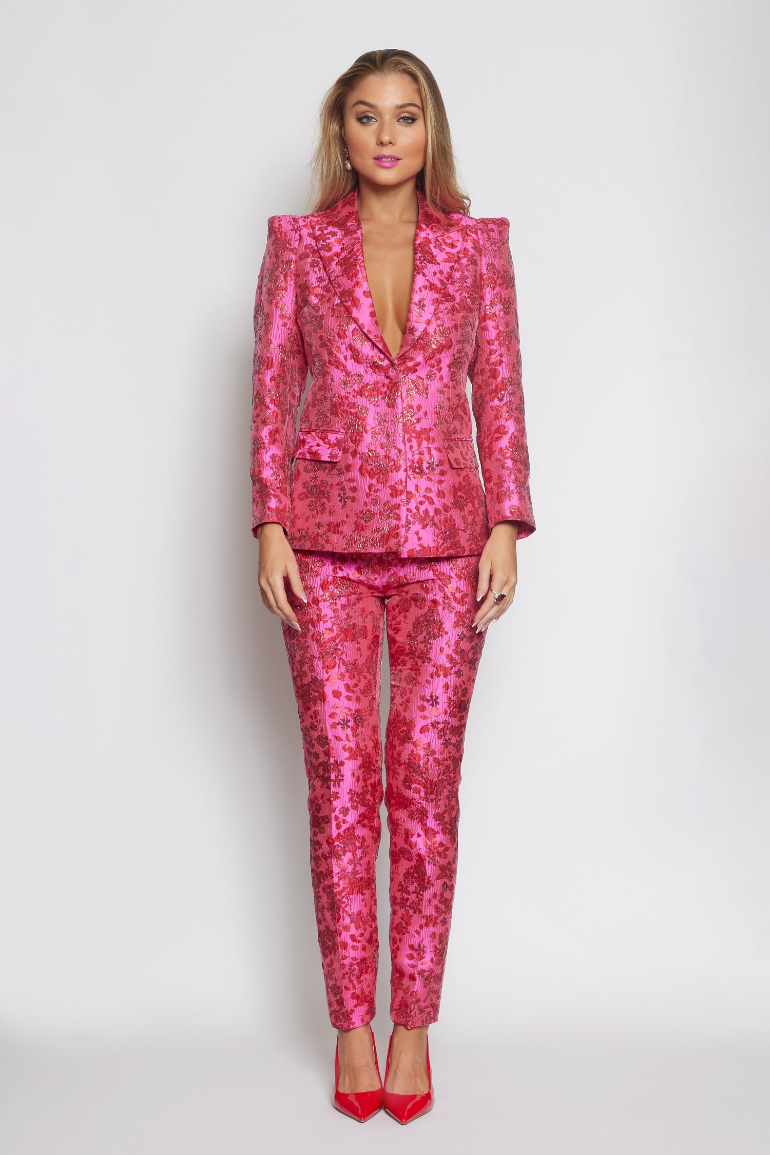 Lipstick Pink and Red Brocade Suit