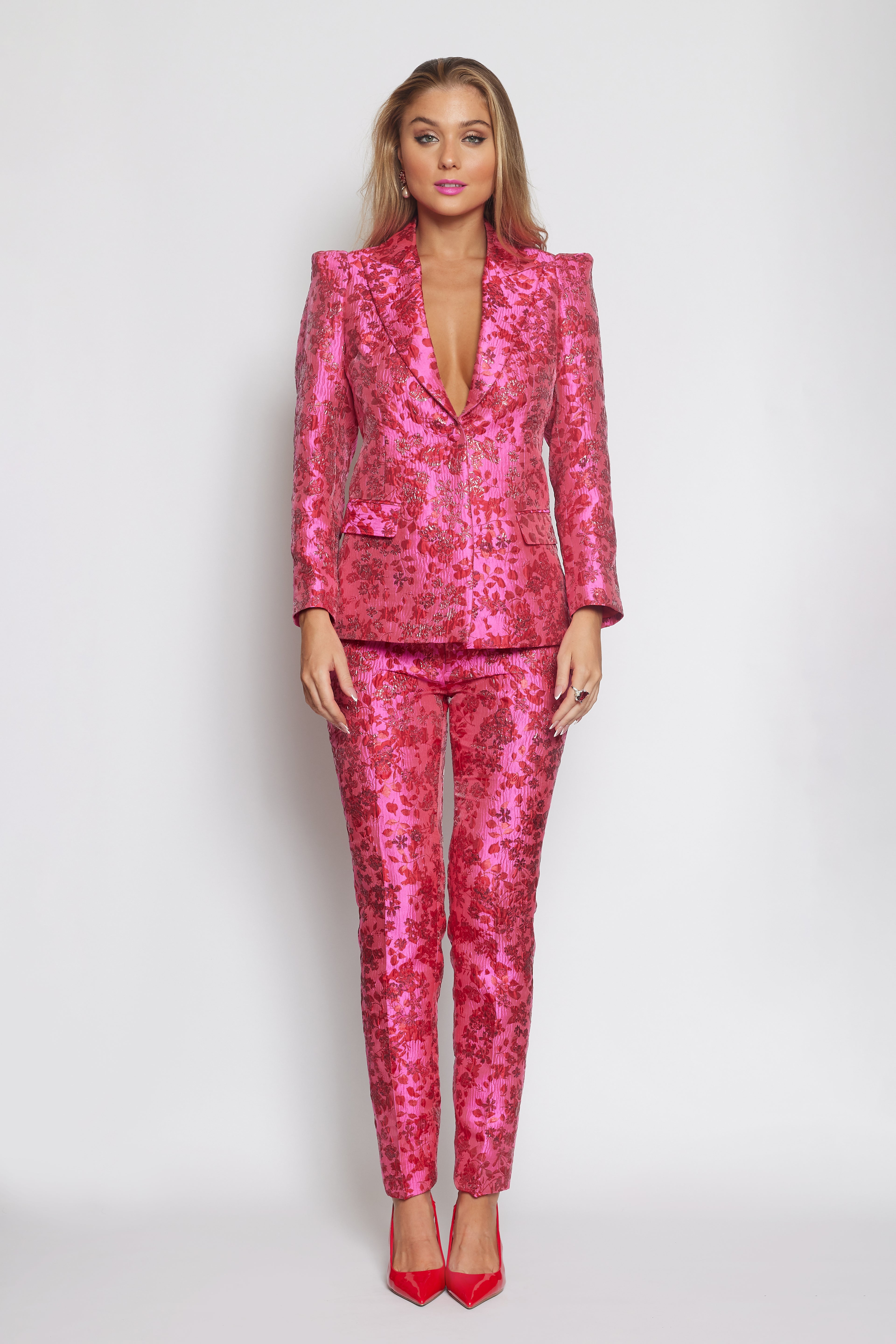 Lipstick Pink and Red Brocade Suit