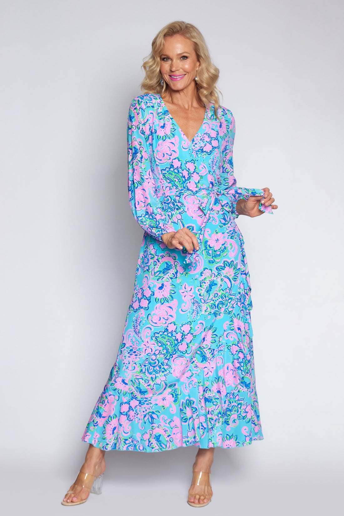 Amalfi Blue and Pink Wrap dress (Long)