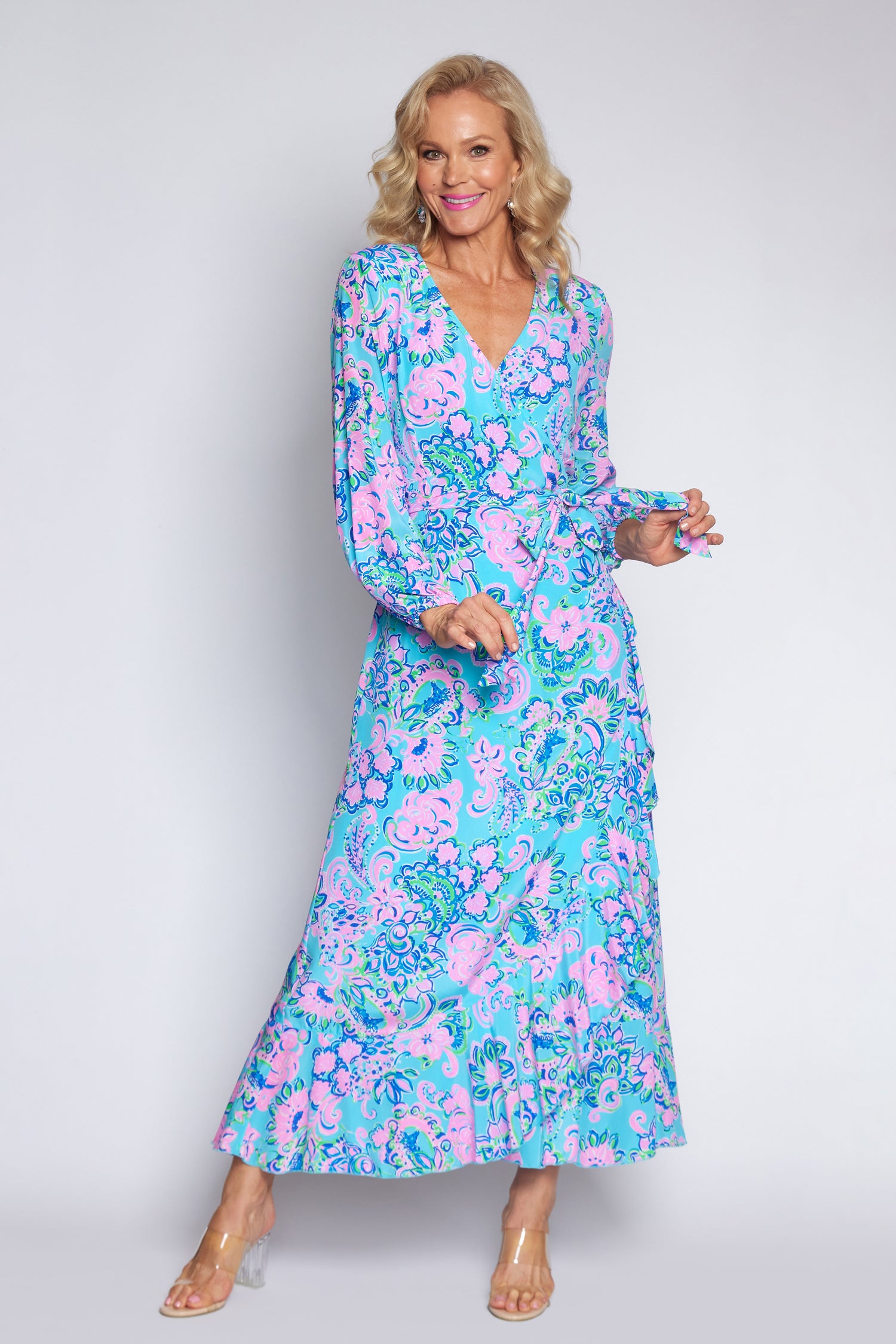 Amalfi Blue and Pink Wrap dress (Long)