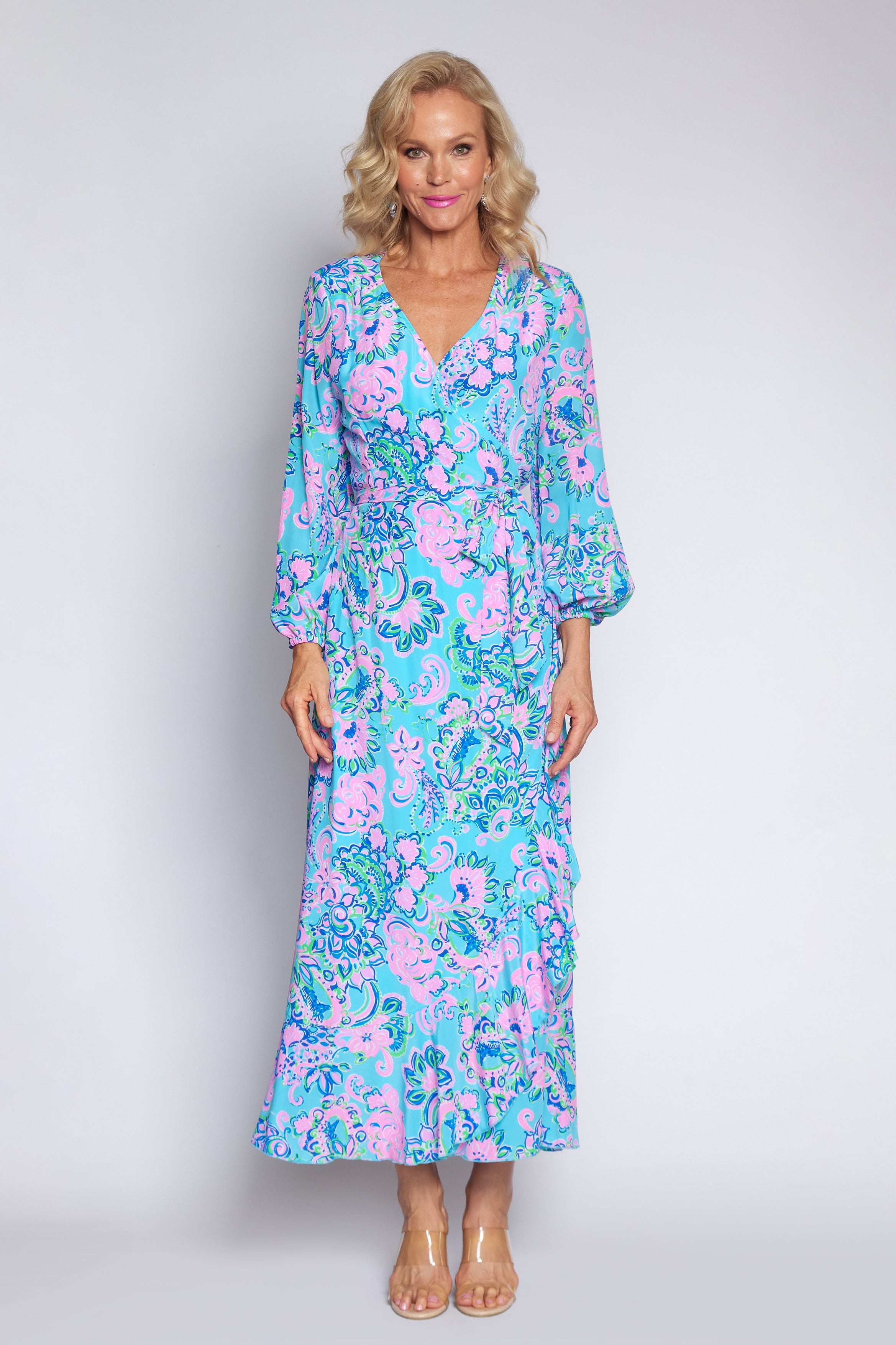 Amalfi Blue and Pink Wrap dress (Long)