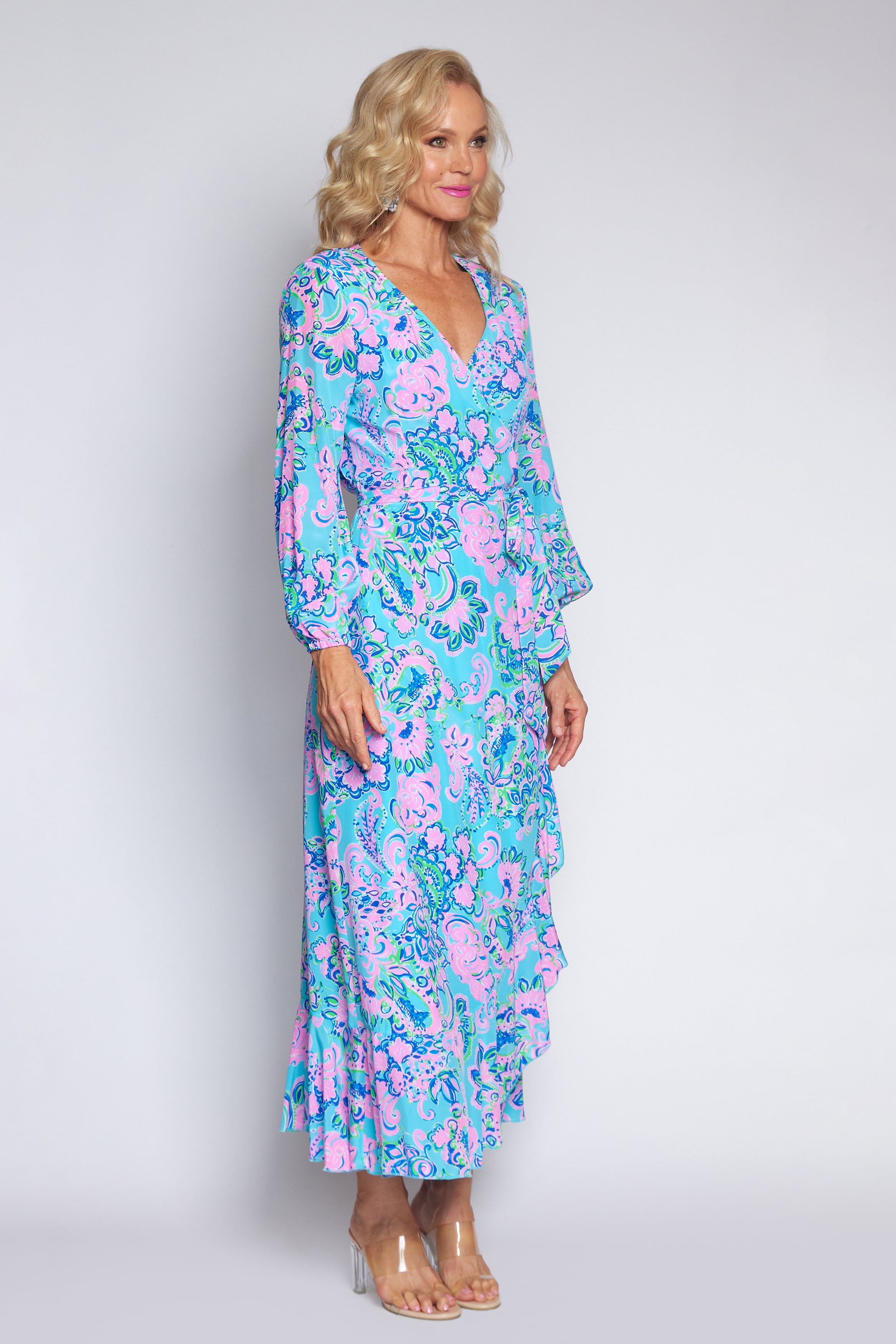 Amalfi Blue and Pink Wrap dress (Long)