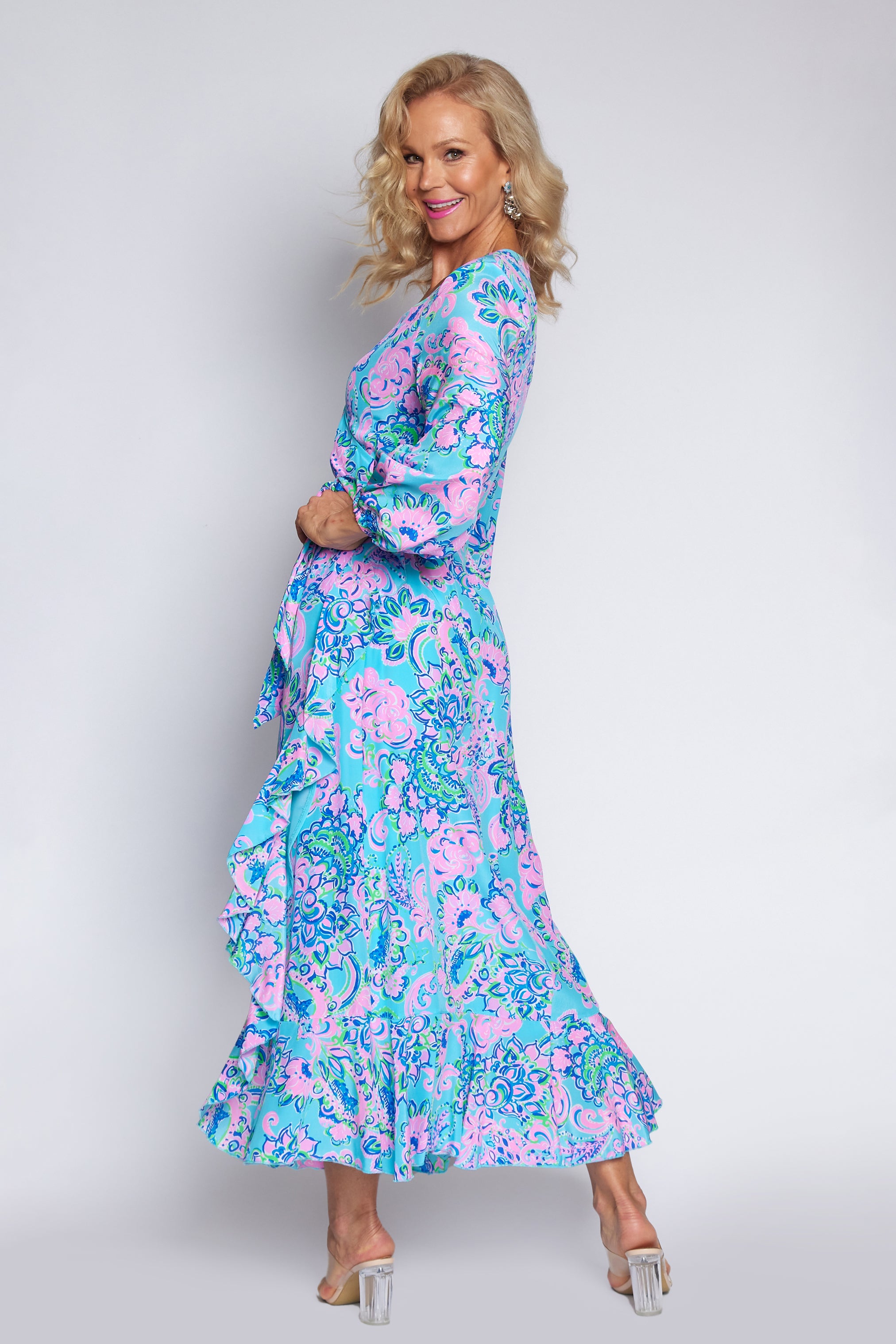 Amalfi Blue and Pink Wrap dress (Long)