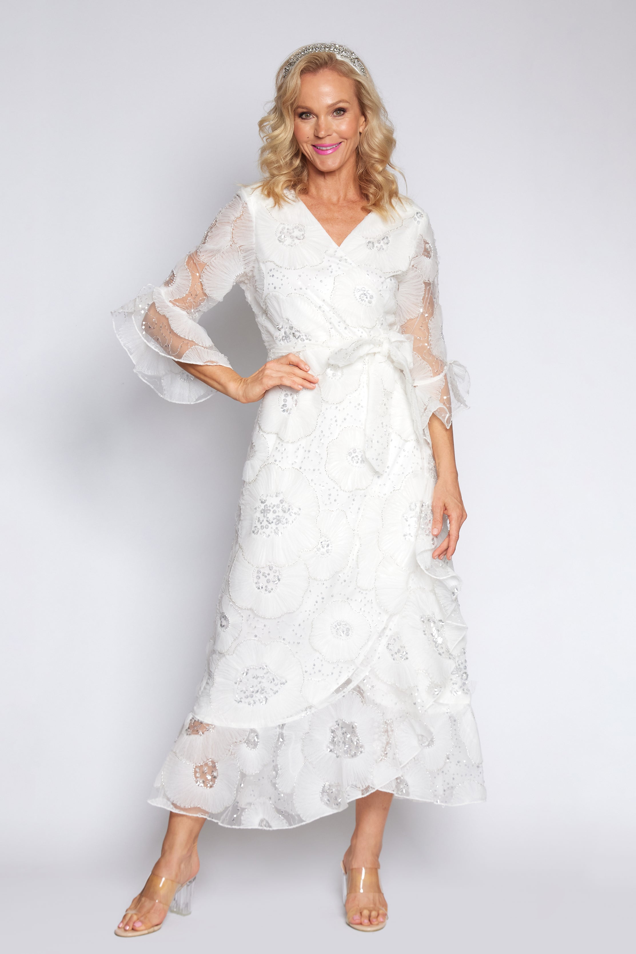 White Beaded Flower Wrap Dress