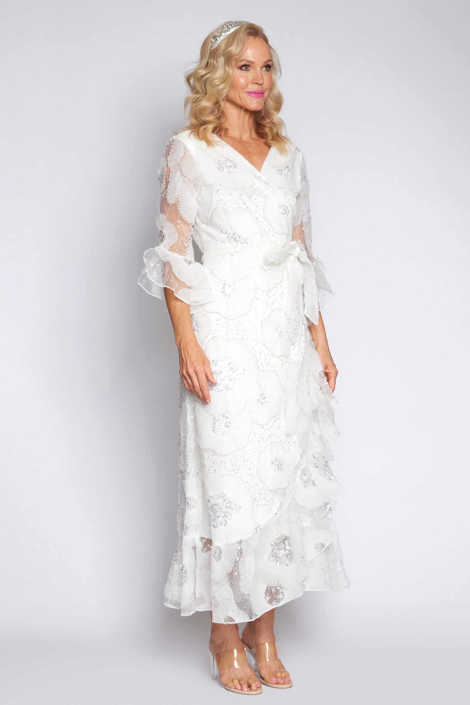White Lace and Sequin Wrap Dress