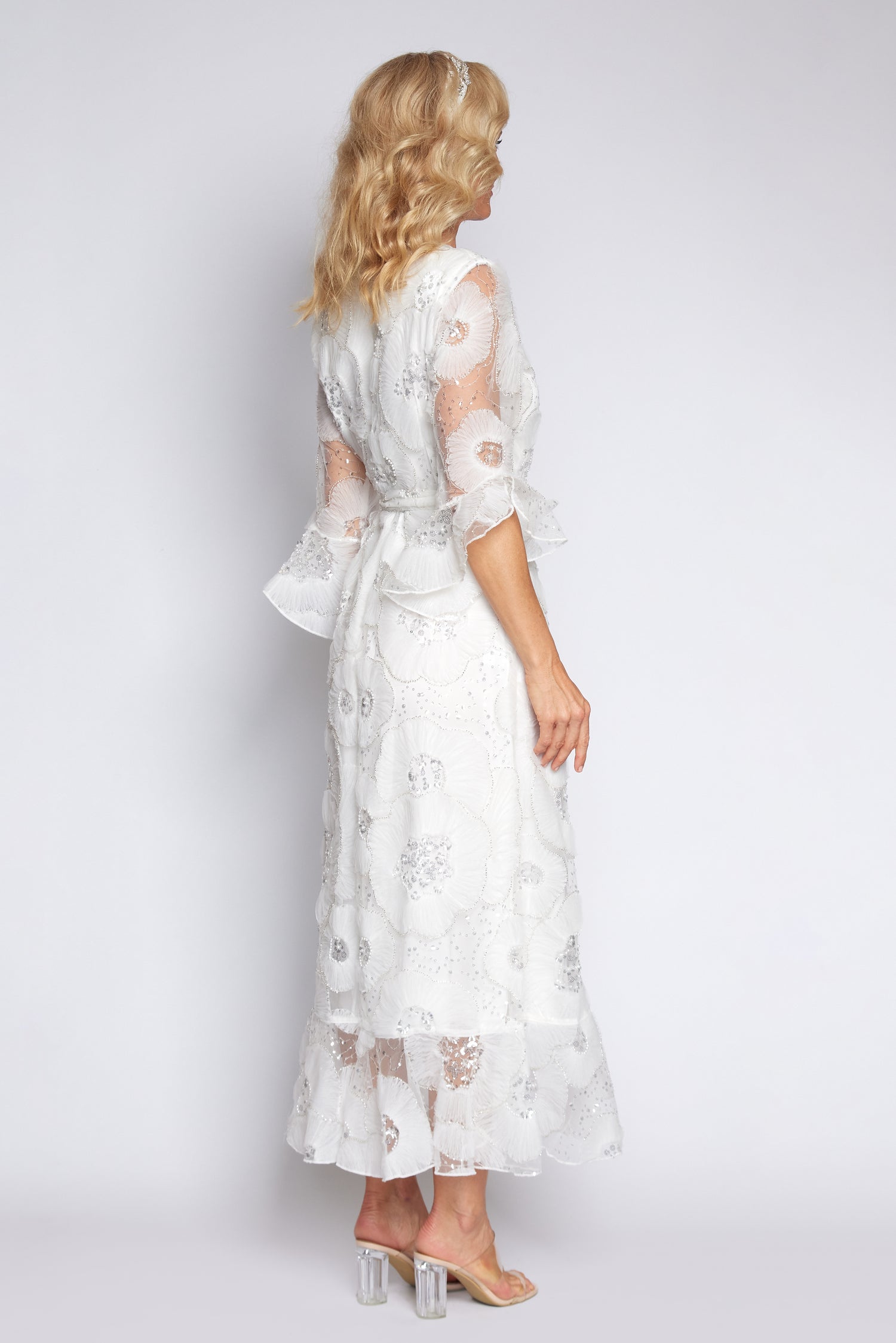 White Beaded Flower Wrap Dress