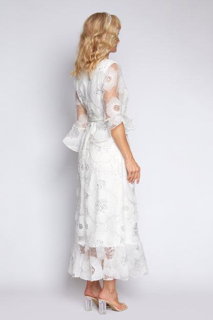 White Lace and Sequin Wrap Dress