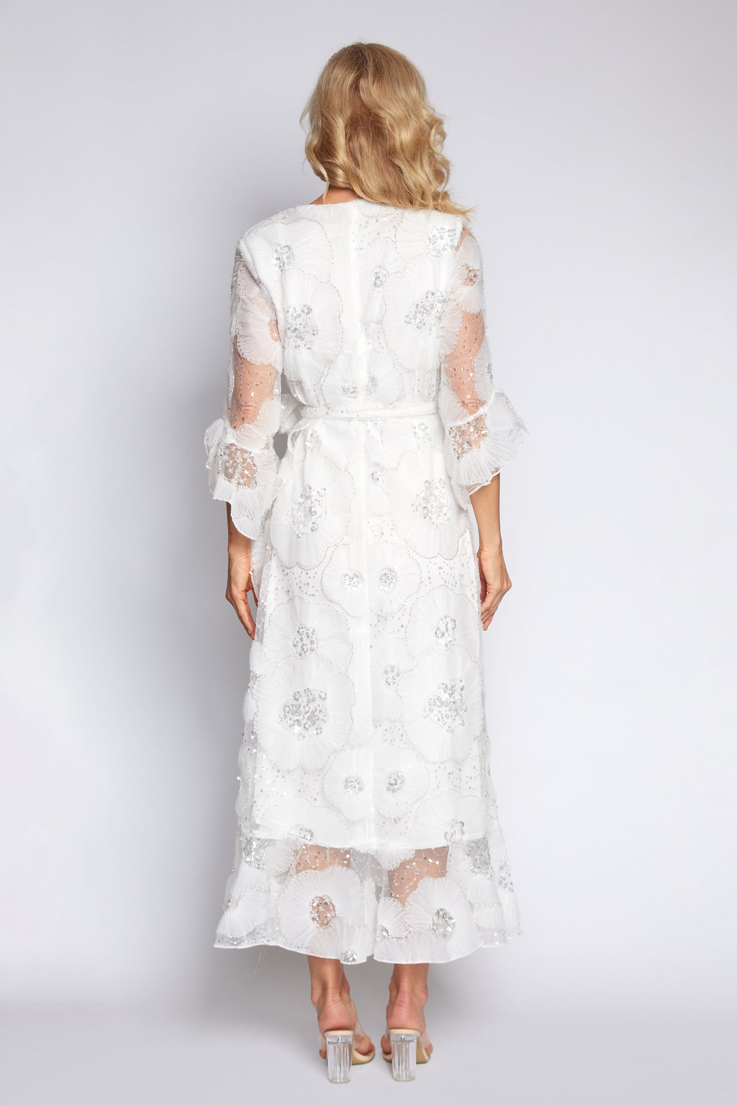 White Beaded Flower Wrap Dress