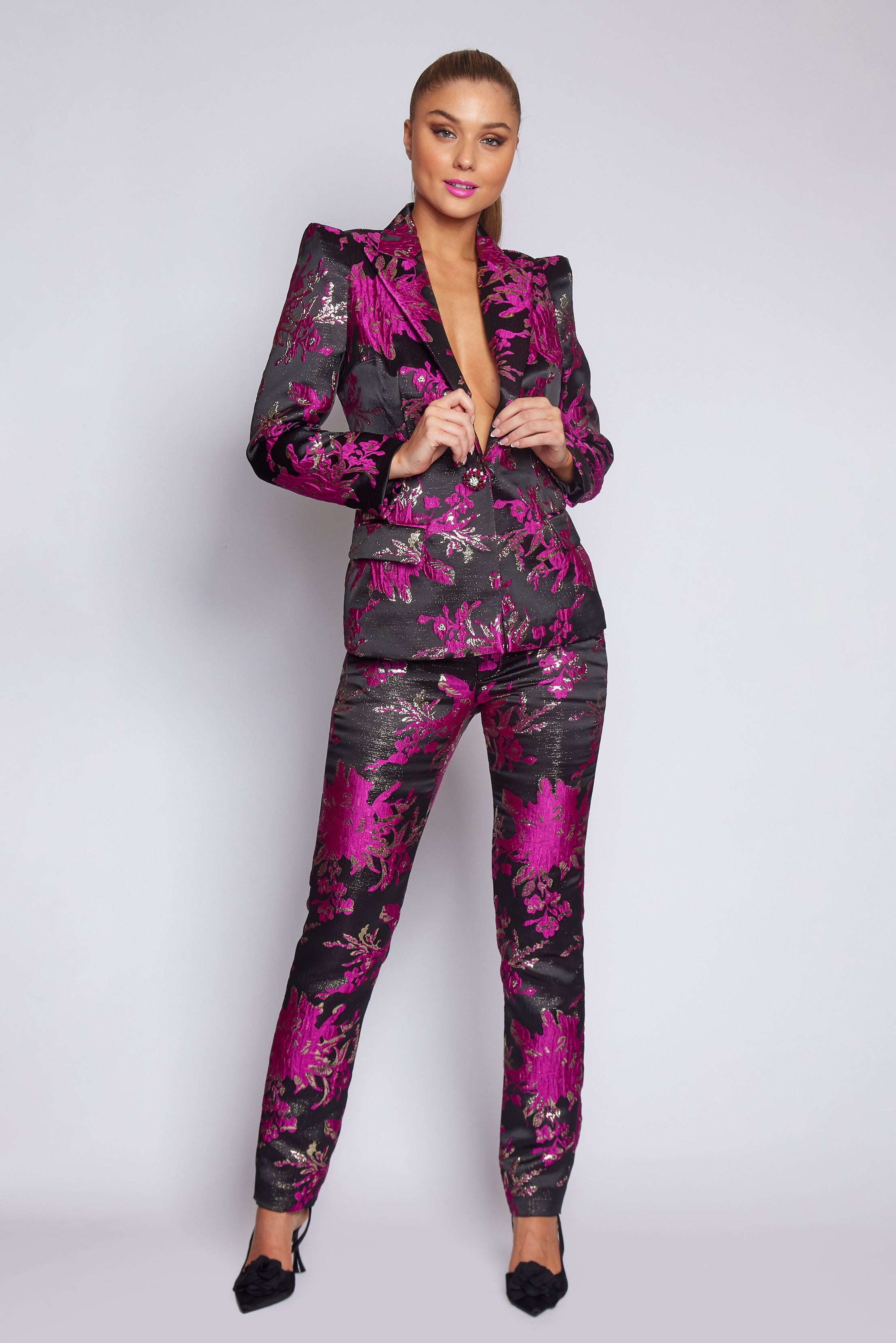 Black and Fuchsia Brocade Suit