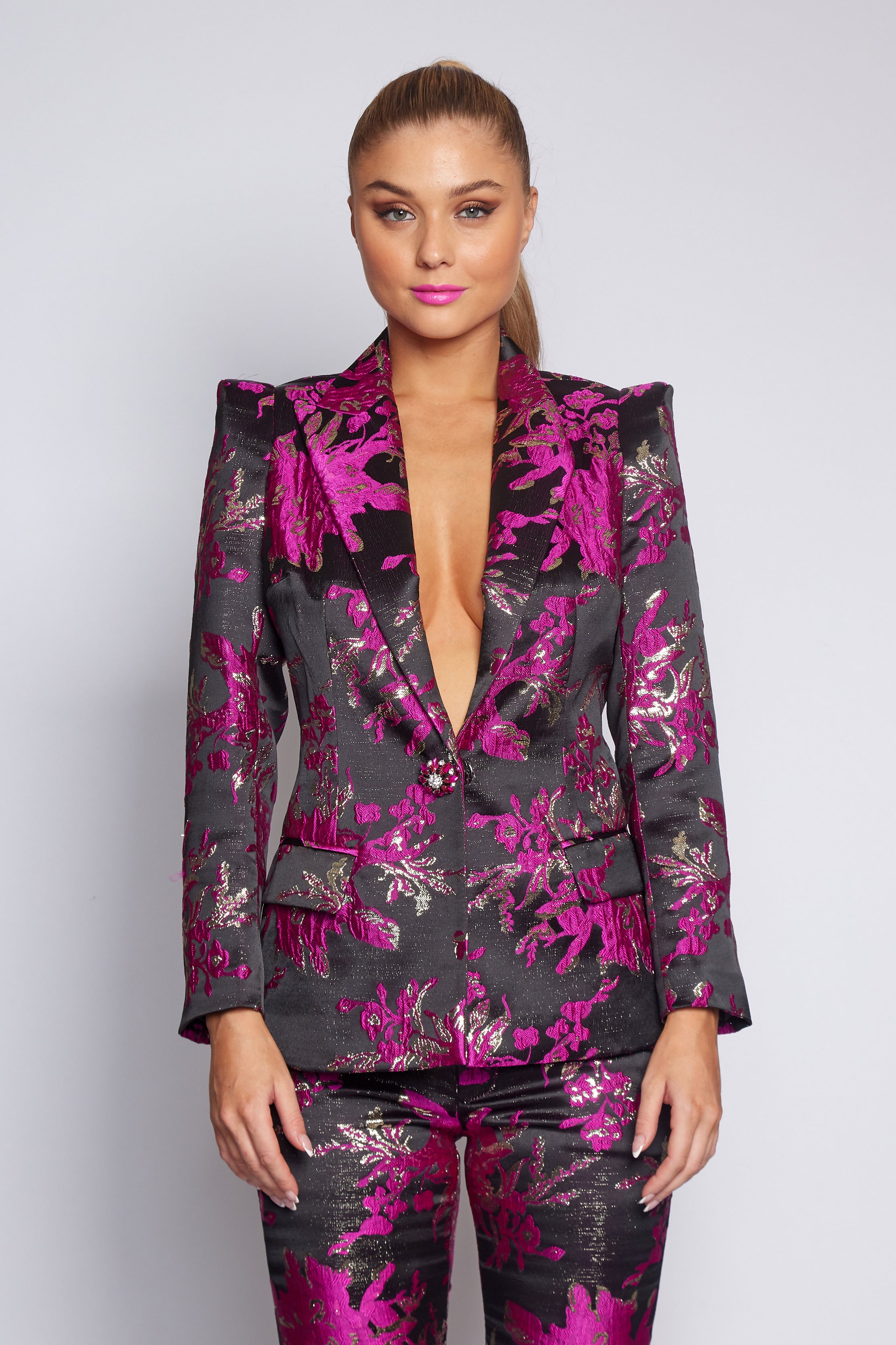 Black and Fuchsia Brocade Suit