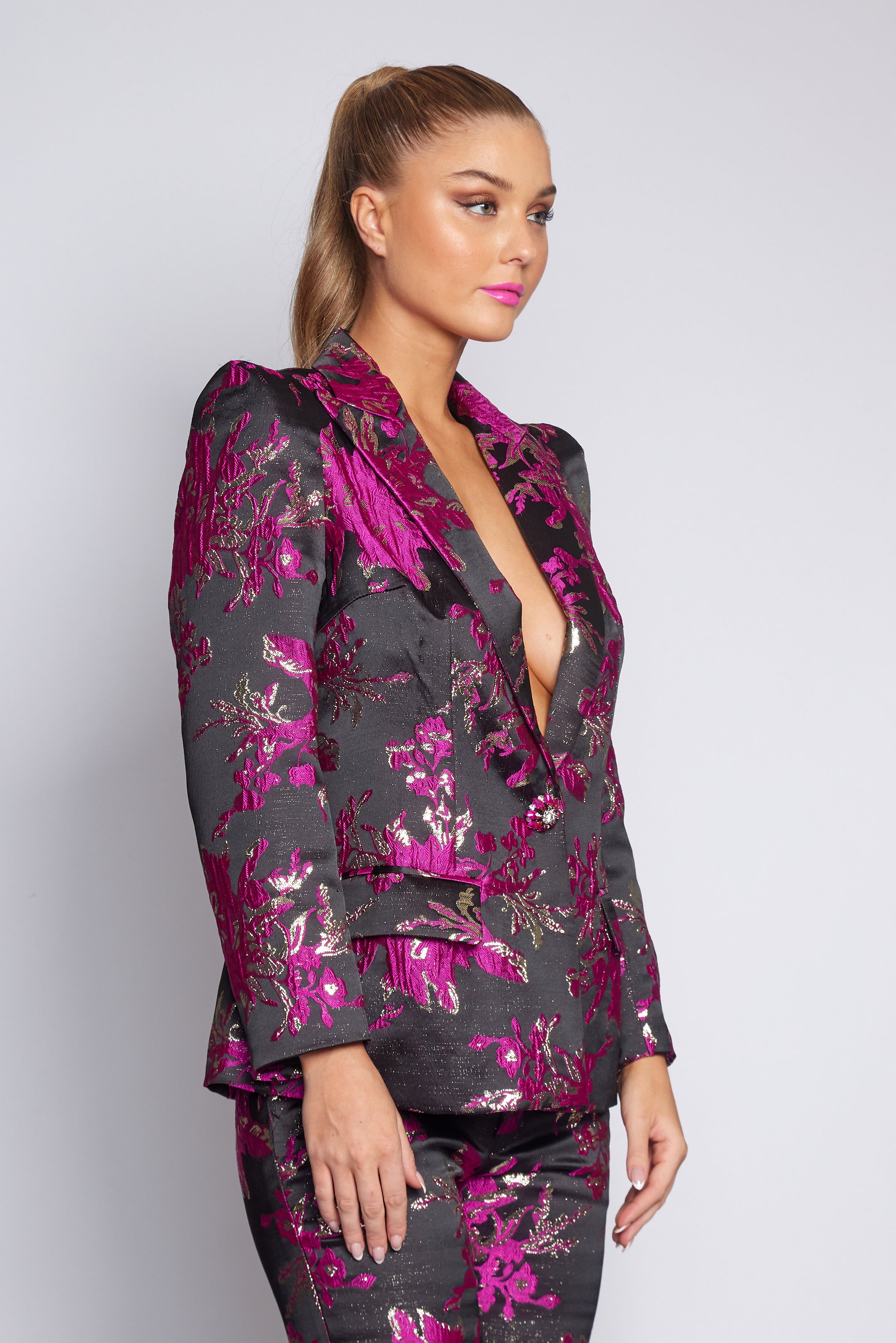 Black and Fuchsia Brocade Suit