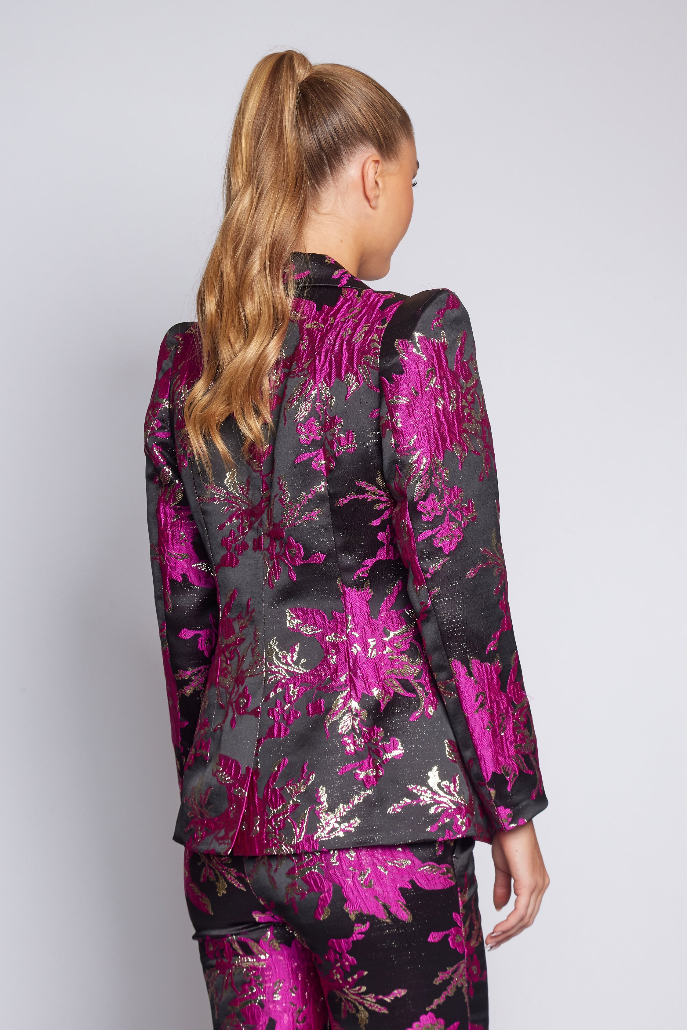 Black and Fuchsia Brocade Suit