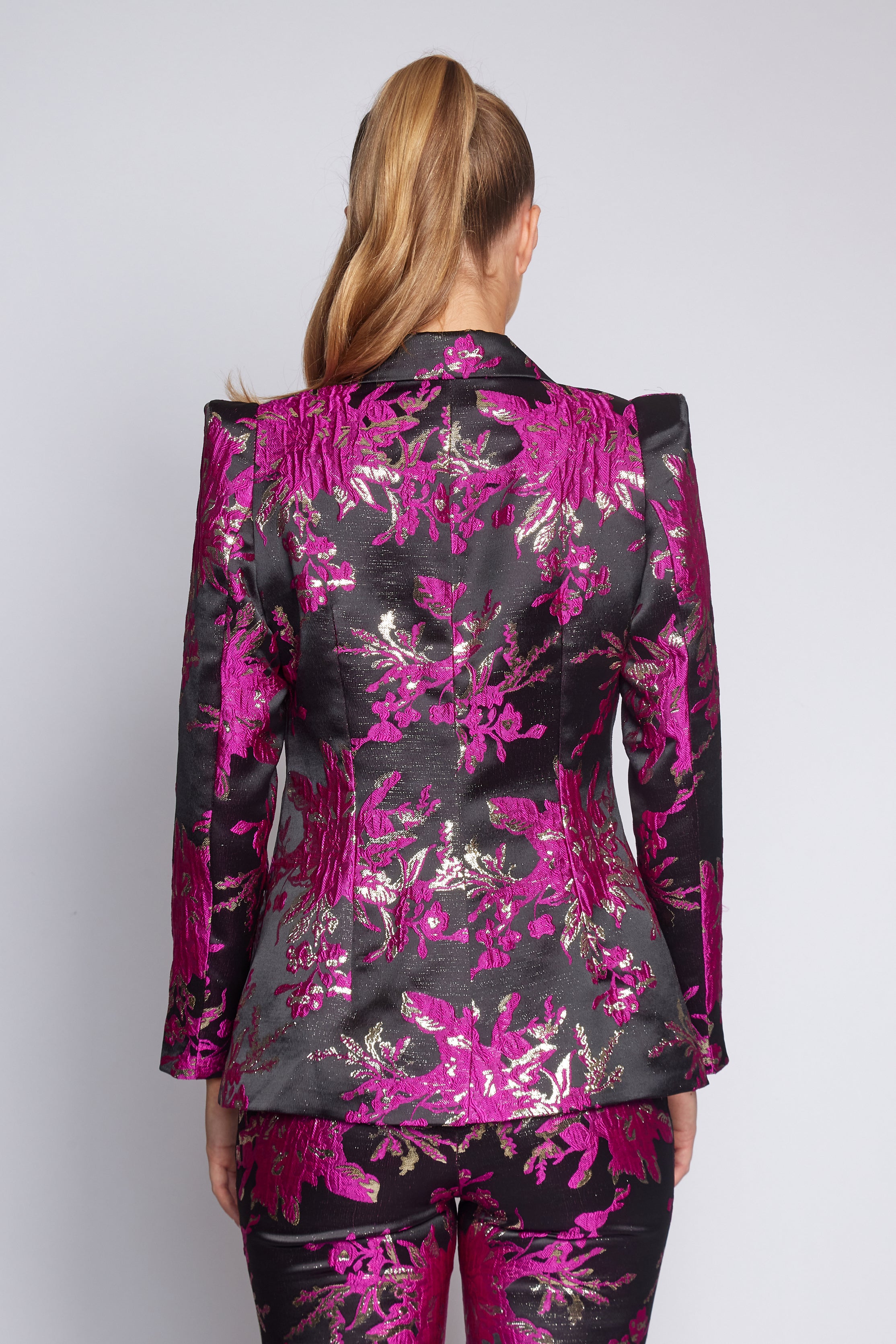 Black and Fuchsia Brocade Suit