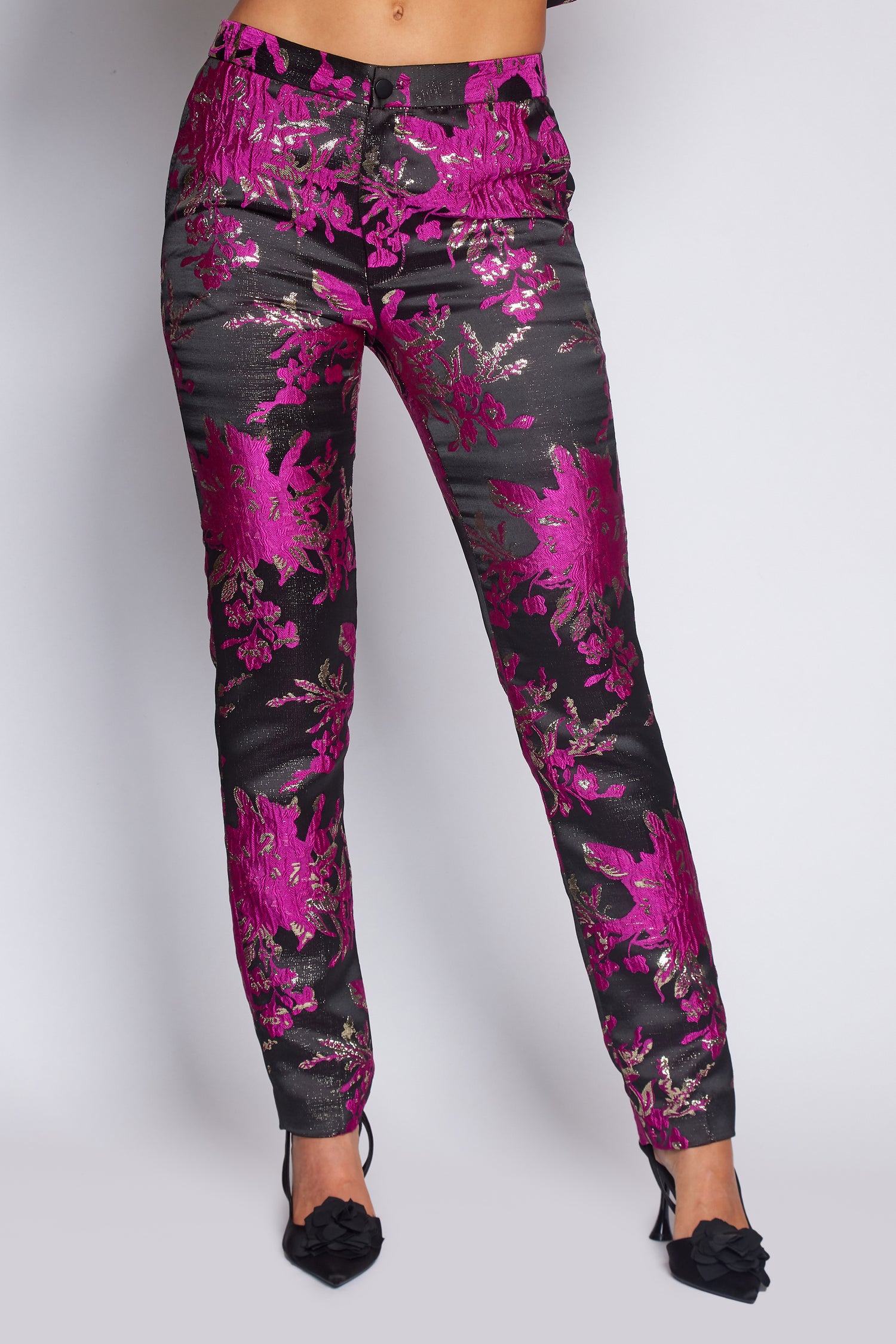 Black and Fuchsia Brocade Suit