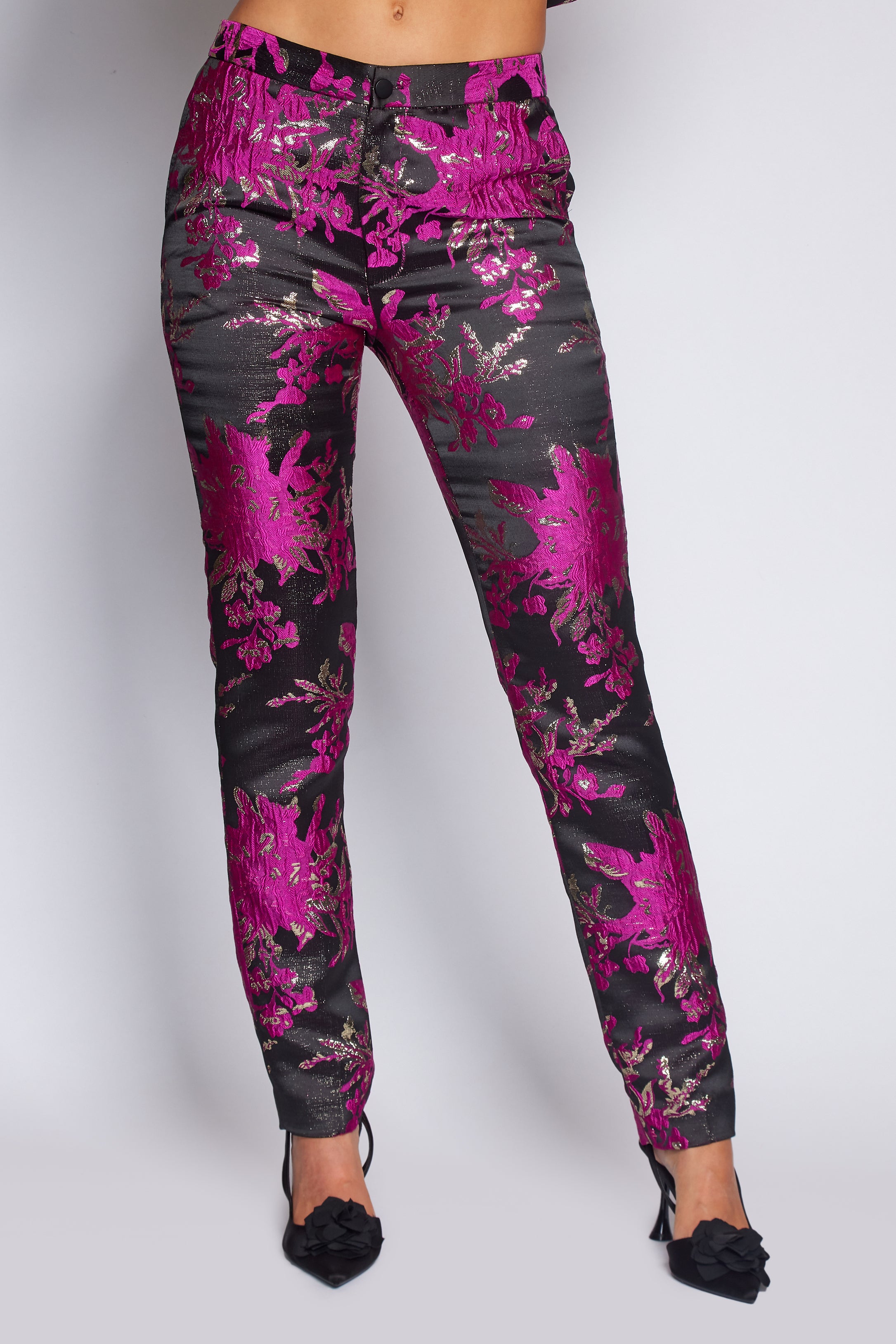 Black and Fuchsia Brocade Suit